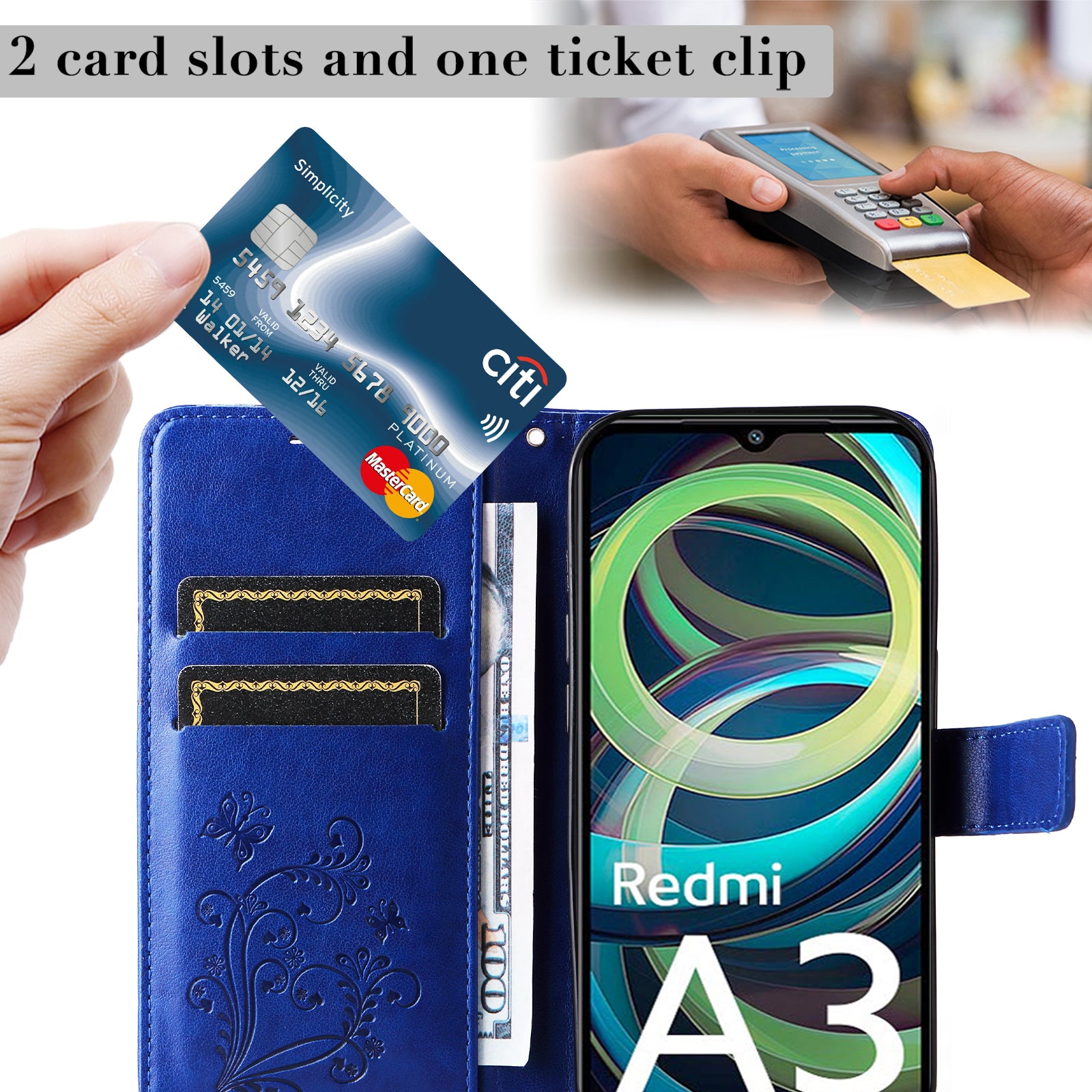 KT Imprinting Flower Series-2 For Xiaomi Redmi A3 / Poco C61 4G Case Card Holder Wrist Strap Leather Phone Cover