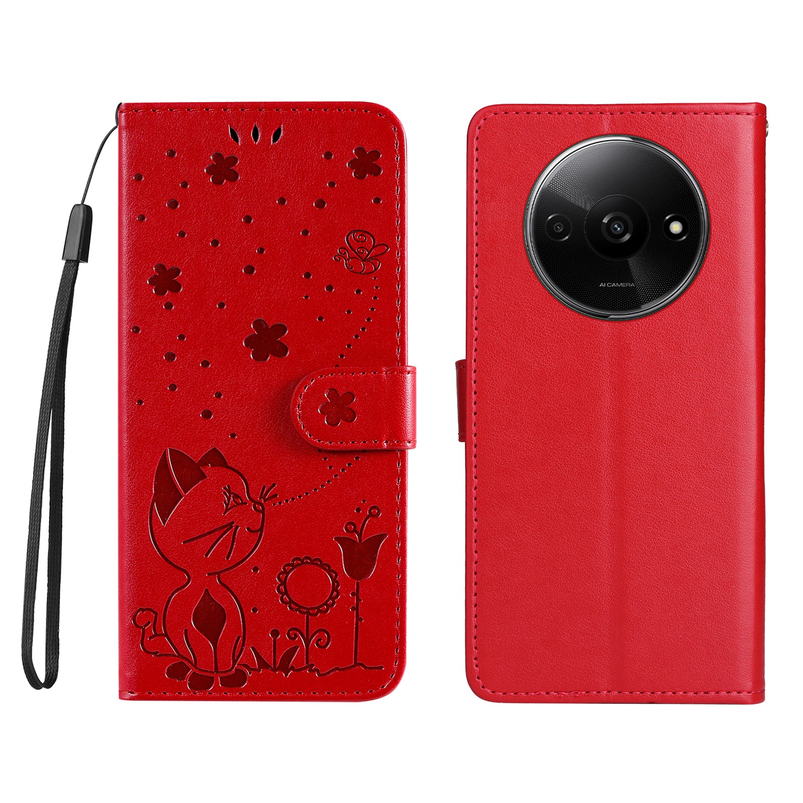 KT Imprinting Flower Series-4 For Xiaomi Redmi A3 / Poco C61 4G Case PU Leather Cat Bee Pattern Phone Cover