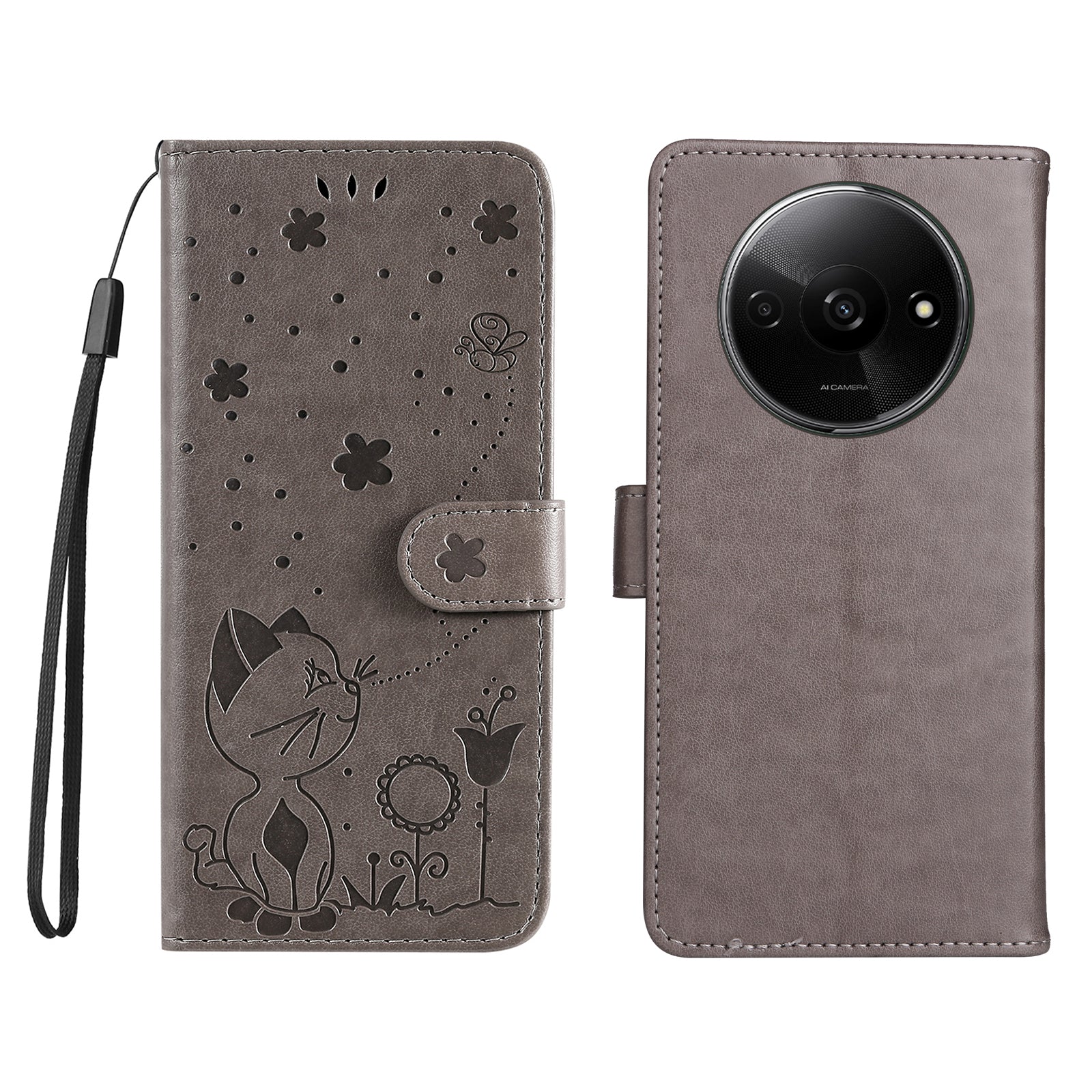 KT Imprinting Flower Series-4 For Xiaomi Redmi A3 / Poco C61 4G Case PU Leather Cat Bee Pattern Phone Cover