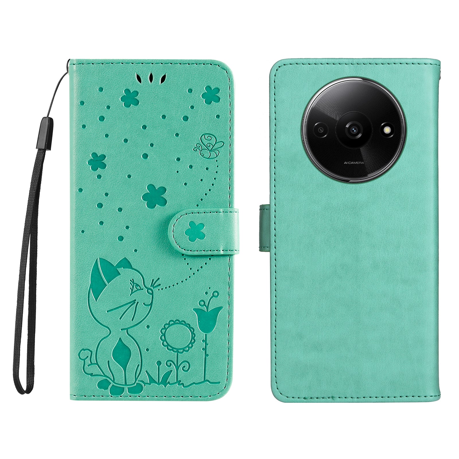 KT Imprinting Flower Series-4 For Xiaomi Redmi A3 / Poco C61 4G Case PU Leather Cat Bee Pattern Phone Cover