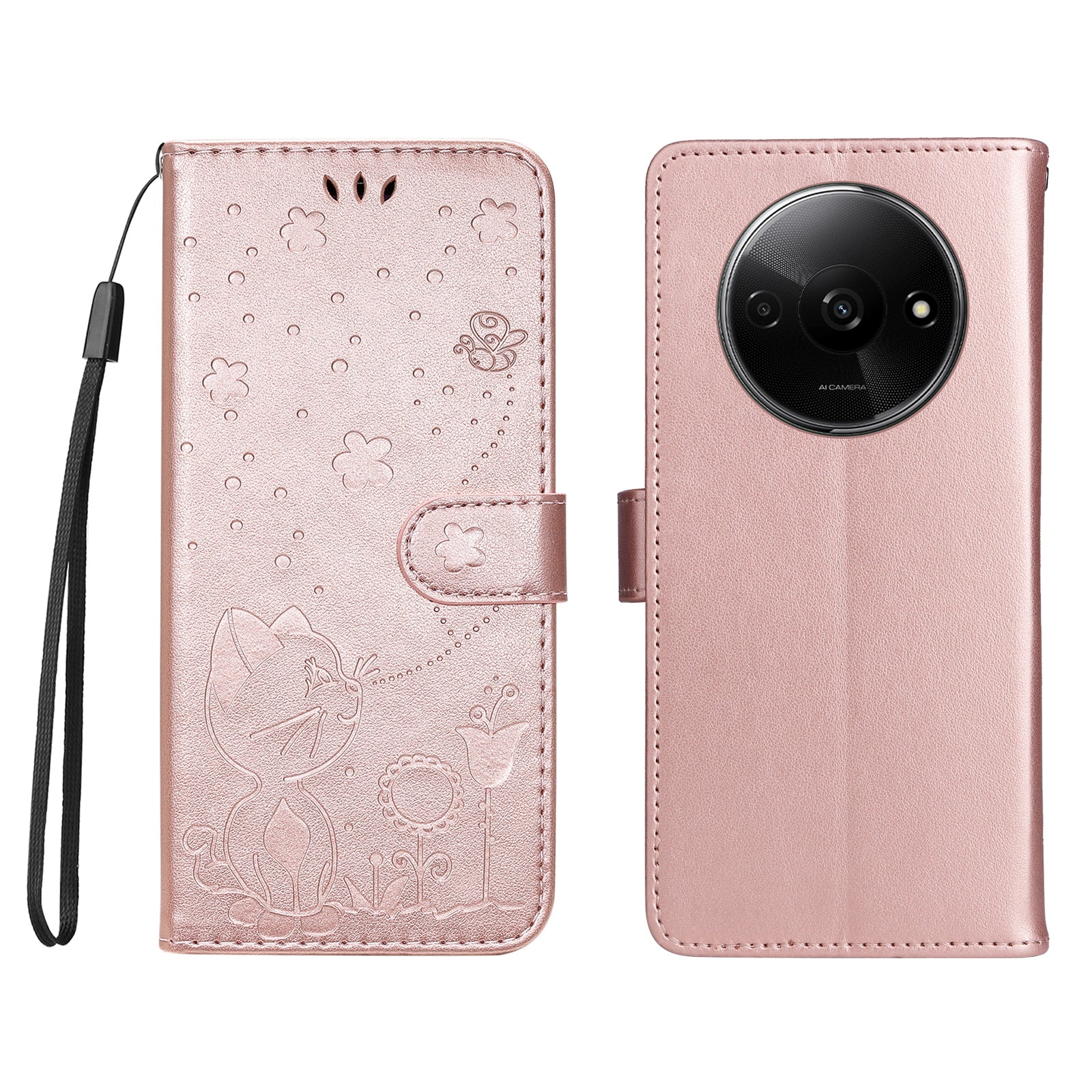 KT Imprinting Flower Series-4 For Xiaomi Redmi A3 / Poco C61 4G Case PU Leather Cat Bee Pattern Phone Cover