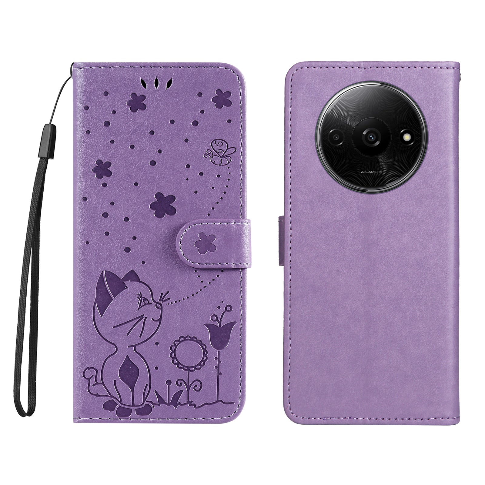 KT Imprinting Flower Series-4 For Xiaomi Redmi A3 / Poco C61 4G Case PU Leather Cat Bee Pattern Phone Cover