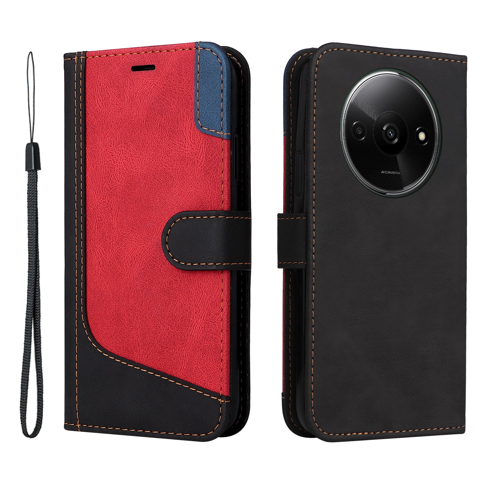 For Xiaomi Redmi A3 / Poco C61 4G Case PU Leather Three-color Splicing Folio Protective Cover