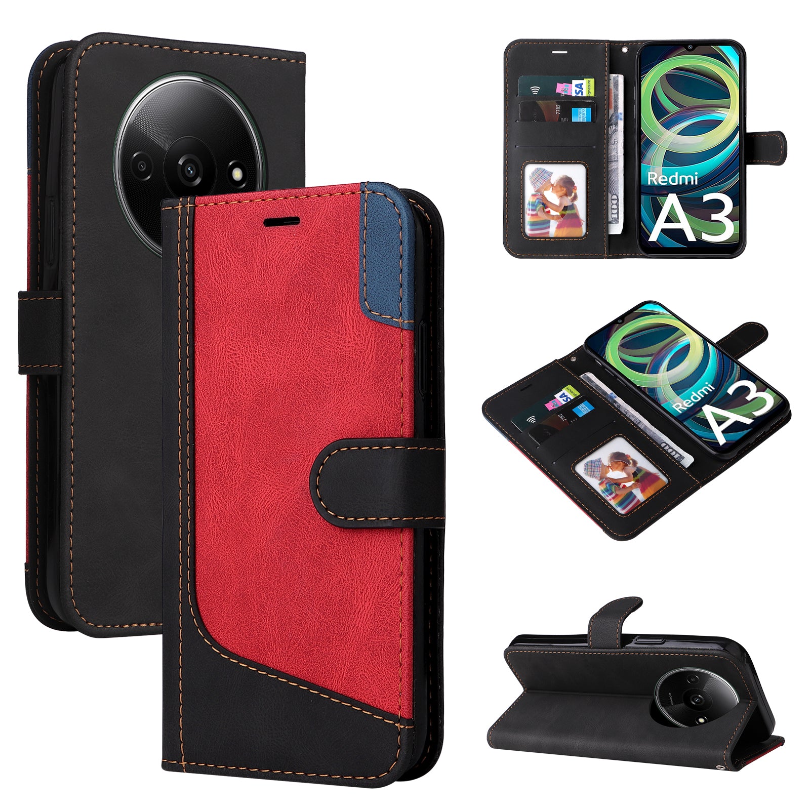 For Xiaomi Redmi A3 / Poco C61 4G Case PU Leather Three-color Splicing Folio Protective Cover