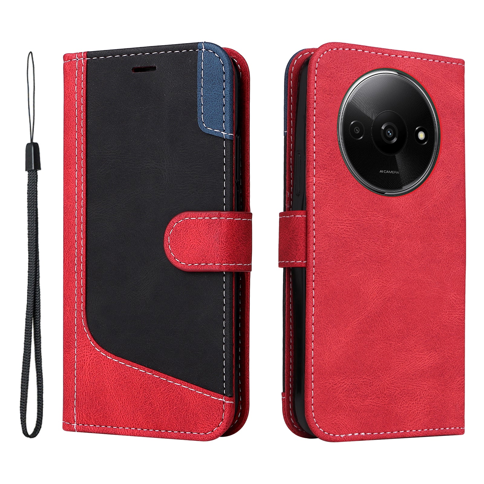 For Xiaomi Redmi A3 / Poco C61 4G Case PU Leather Three-color Splicing Folio Protective Cover