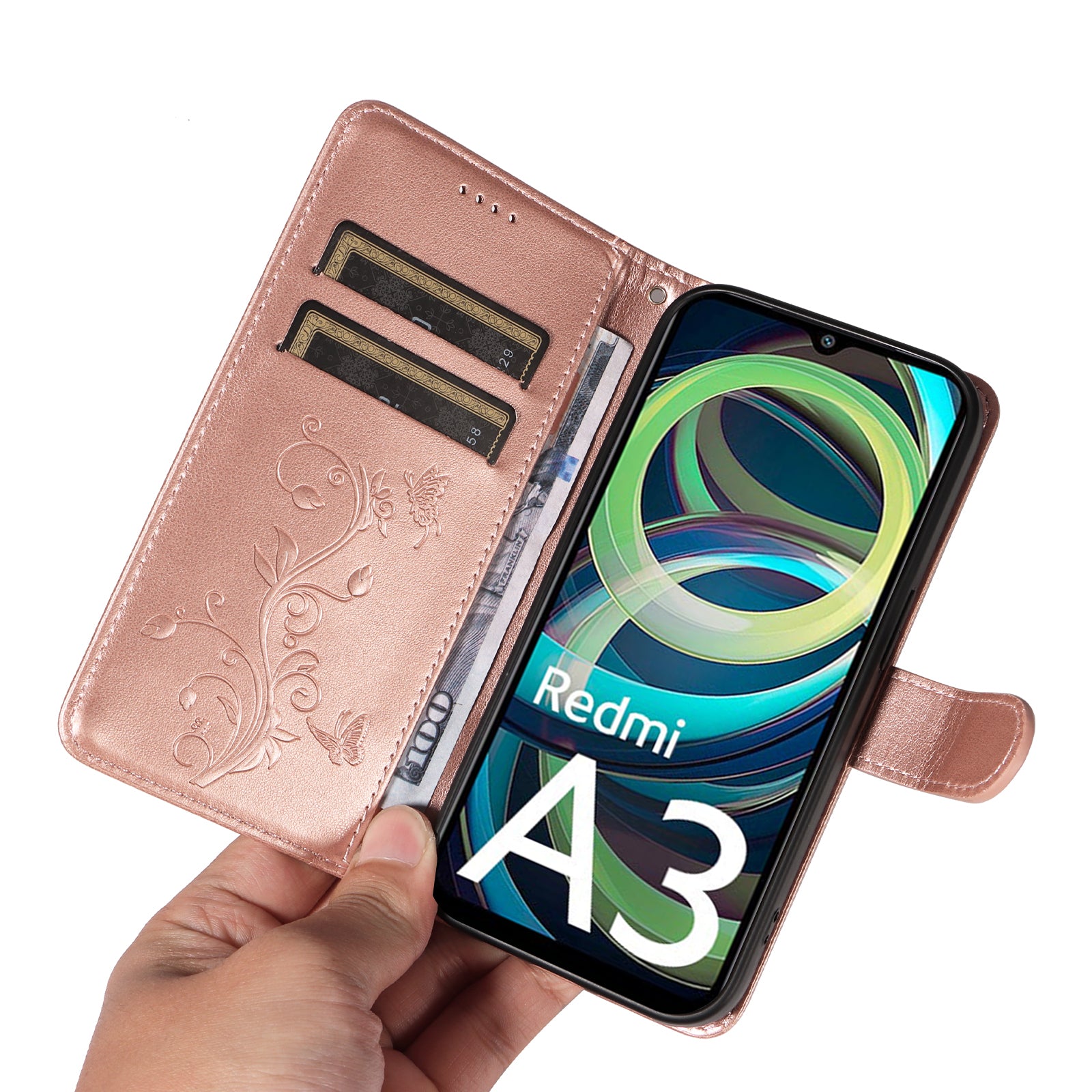 For Xiaomi Redmi A3 / Poco C61 4G Leather Case Butterfly Flower Pattern Wallet Phone Cover