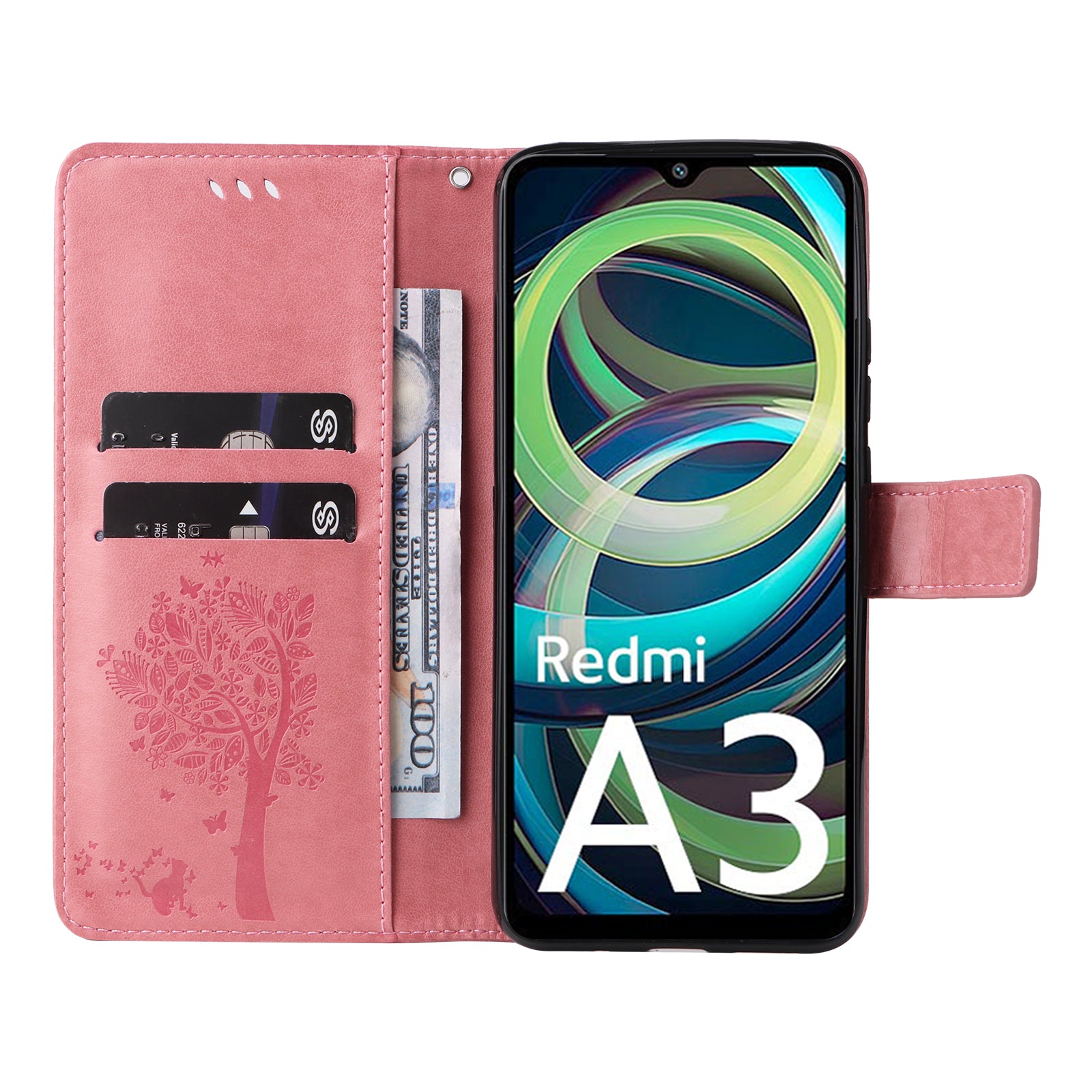 KT Imprinting Flower Series-3 For Xiaomi Redmi A3 / Poco C61 4G Wallet Case Cat Tree Pattern Leather Phone Cover