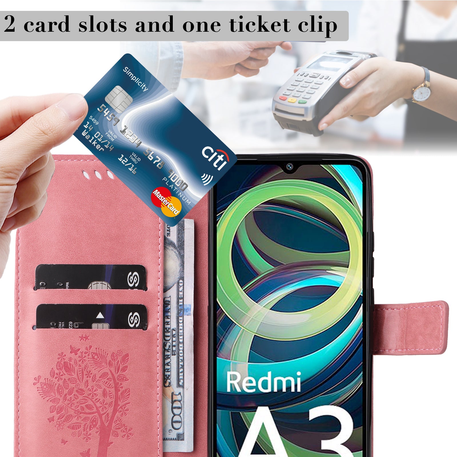 KT Imprinting Flower Series-3 For Xiaomi Redmi A3 / Poco C61 4G Wallet Case Cat Tree Pattern Leather Phone Cover