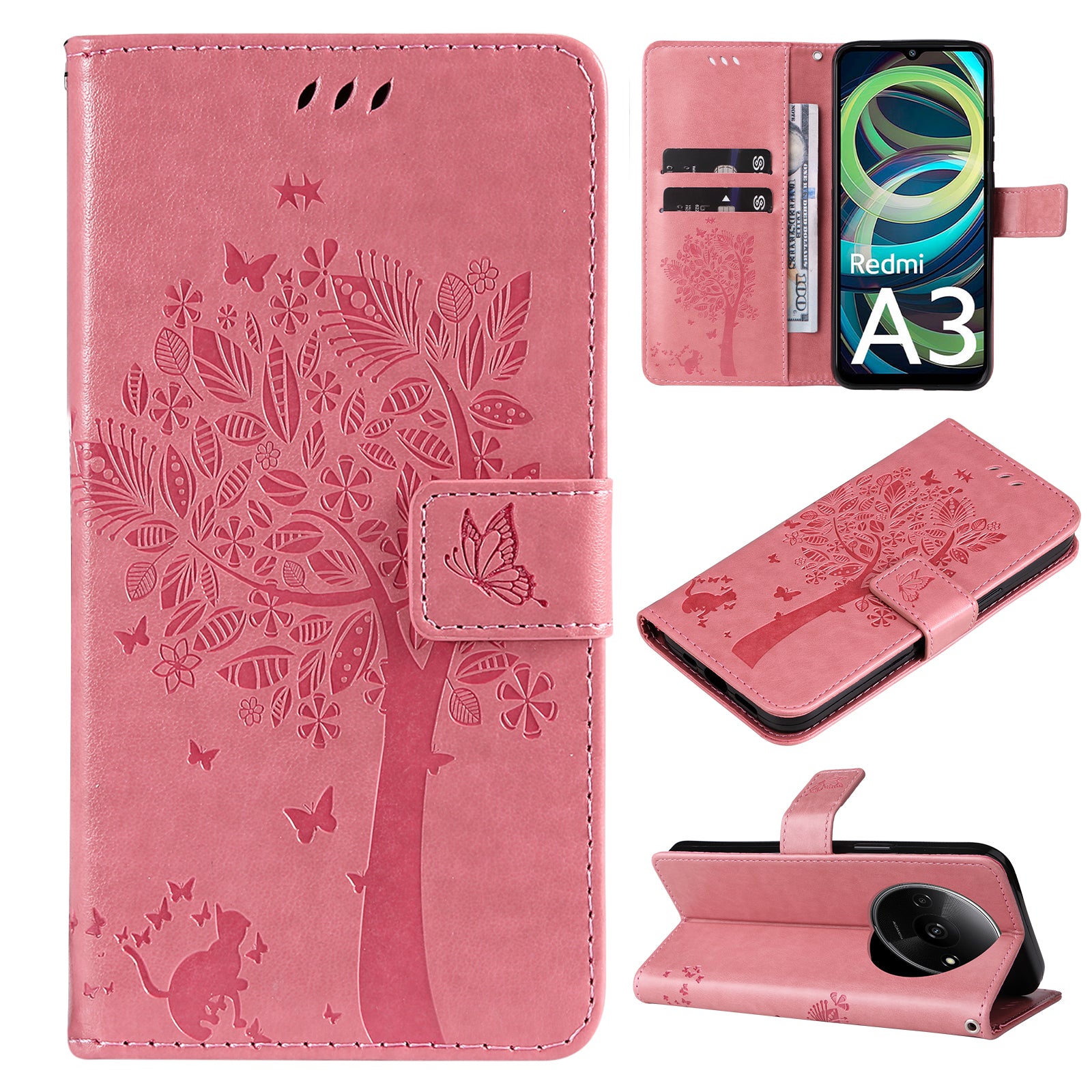 KT Imprinting Flower Series-3 For Xiaomi Redmi A3 / Poco C61 4G Wallet Case Cat Tree Pattern Leather Phone Cover