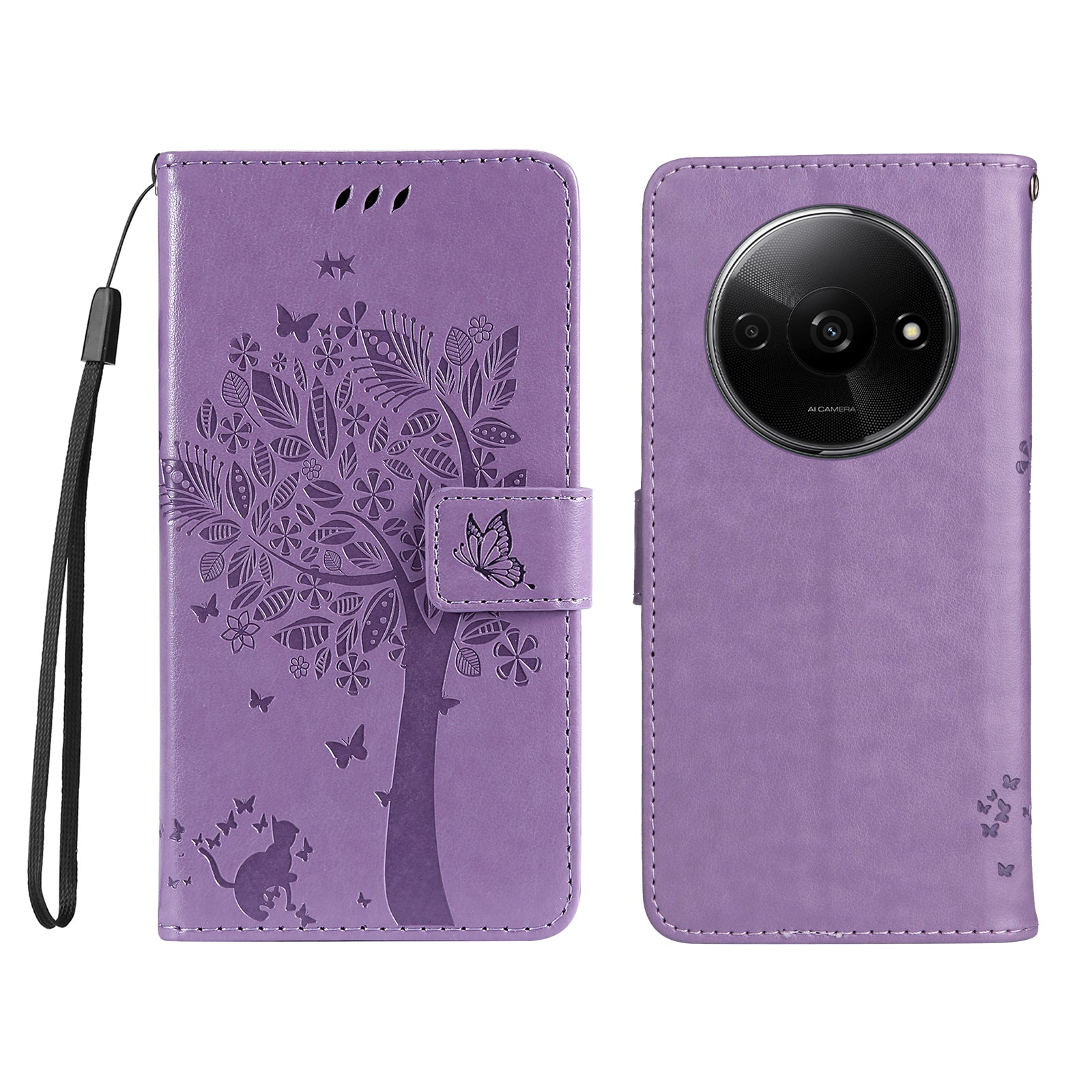 KT Imprinting Flower Series-3 For Xiaomi Redmi A3 / Poco C61 4G Wallet Case Cat Tree Pattern Leather Phone Cover
