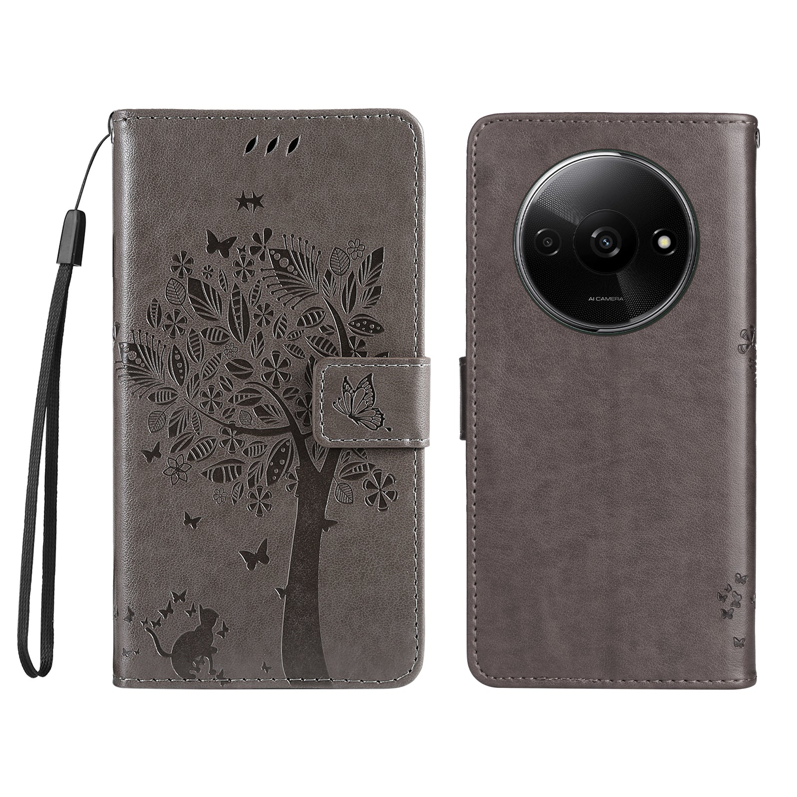 KT Imprinting Flower Series-3 For Xiaomi Redmi A3 / Poco C61 4G Wallet Case Cat Tree Pattern Leather Phone Cover