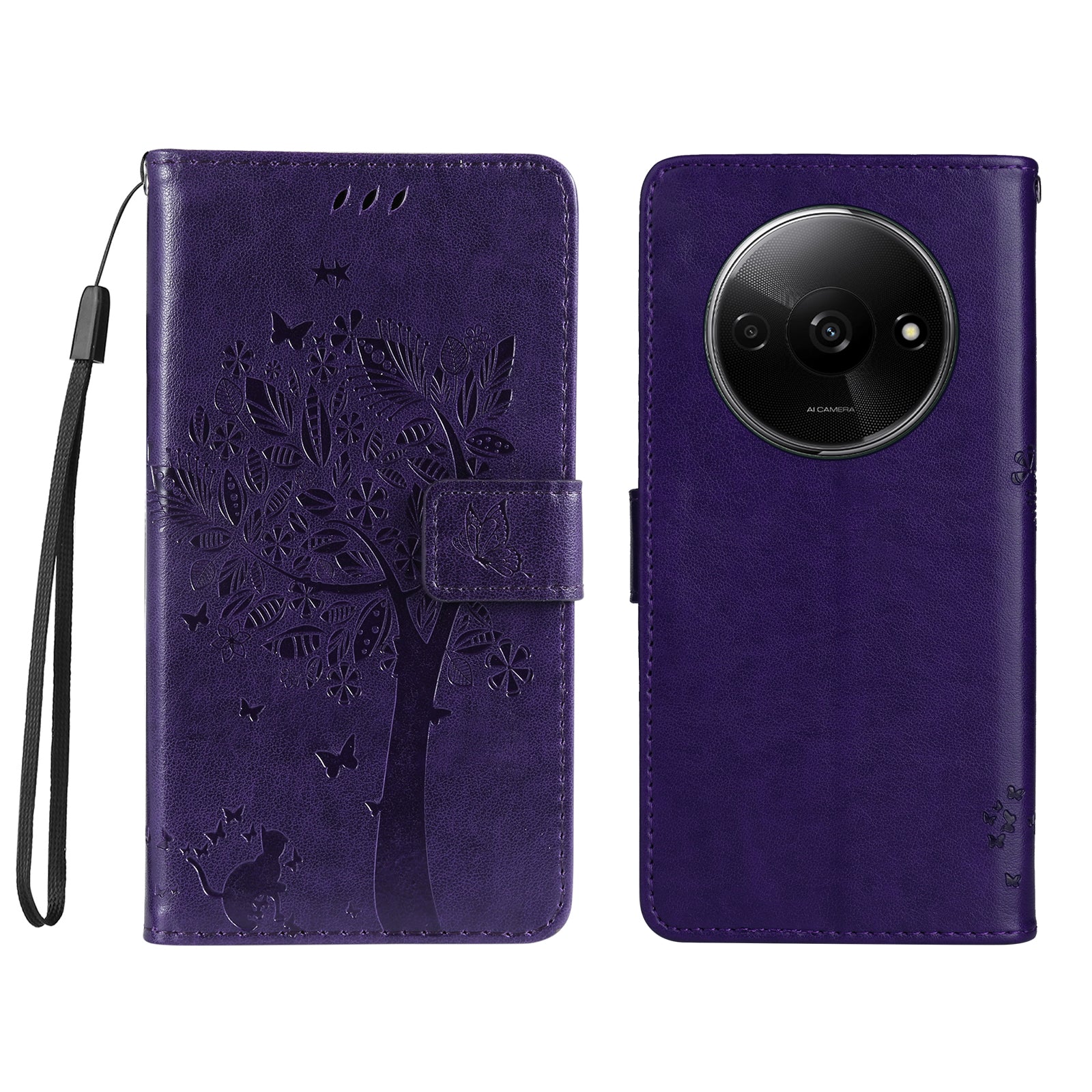 KT Imprinting Flower Series-3 For Xiaomi Redmi A3 / Poco C61 4G Wallet Case Cat Tree Pattern Leather Phone Cover