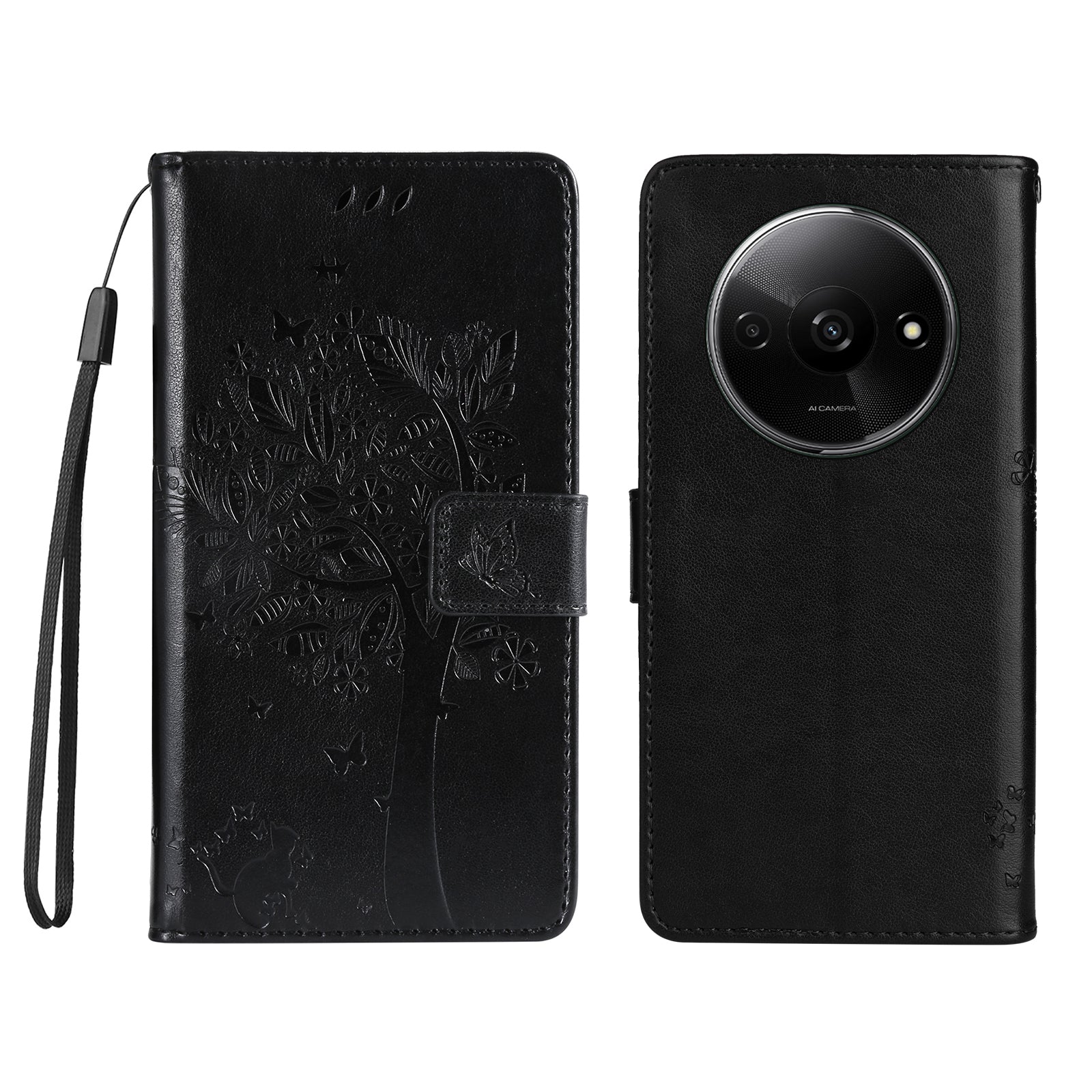 KT Imprinting Flower Series-3 For Xiaomi Redmi A3 / Poco C61 4G Wallet Case Cat Tree Pattern Leather Phone Cover