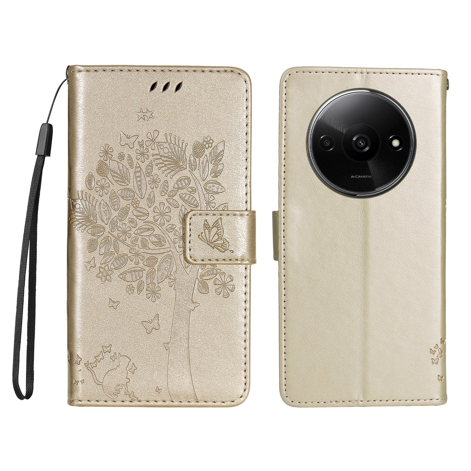 KT Imprinting Flower Series-3 For Xiaomi Redmi A3 / Poco C61 4G Wallet Case Cat Tree Pattern Leather Phone Cover