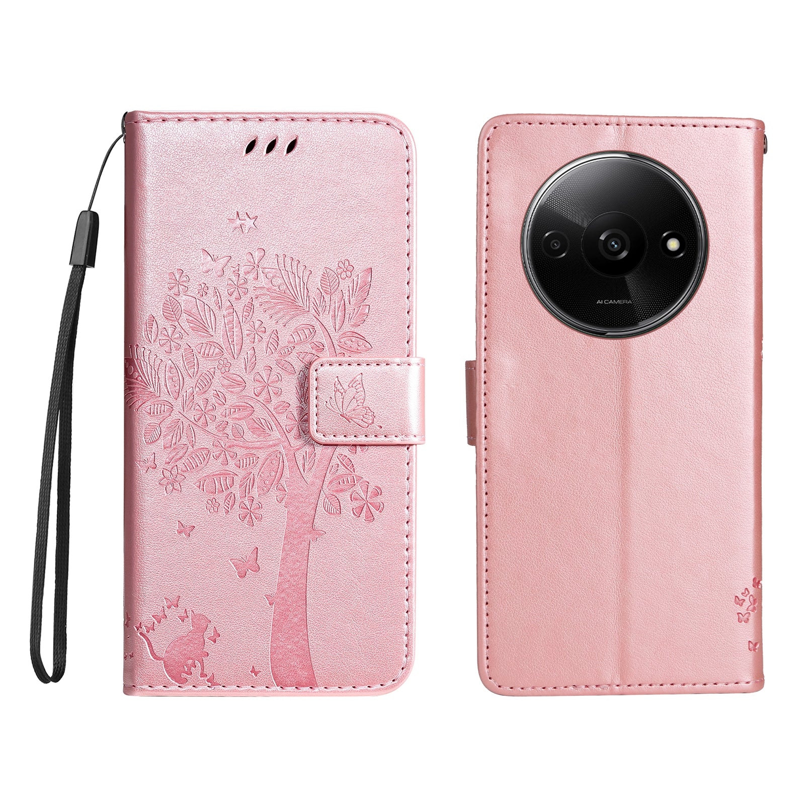KT Imprinting Flower Series-3 For Xiaomi Redmi A3 / Poco C61 4G Wallet Case Cat Tree Pattern Leather Phone Cover