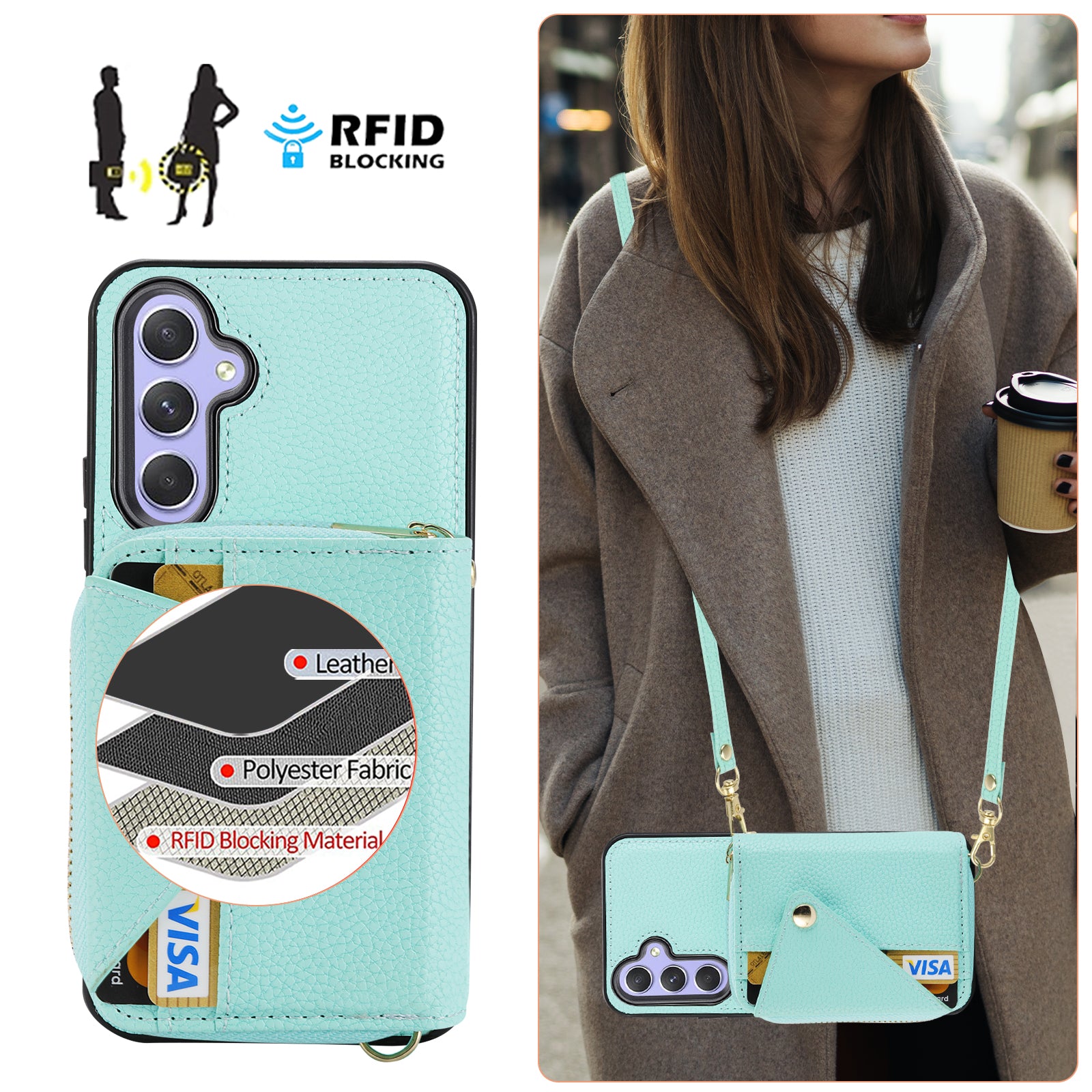 For Samsung Galaxy S23 FE Case Zipper Wallet Leather+TPU Phone Cover with Crossbody Strap