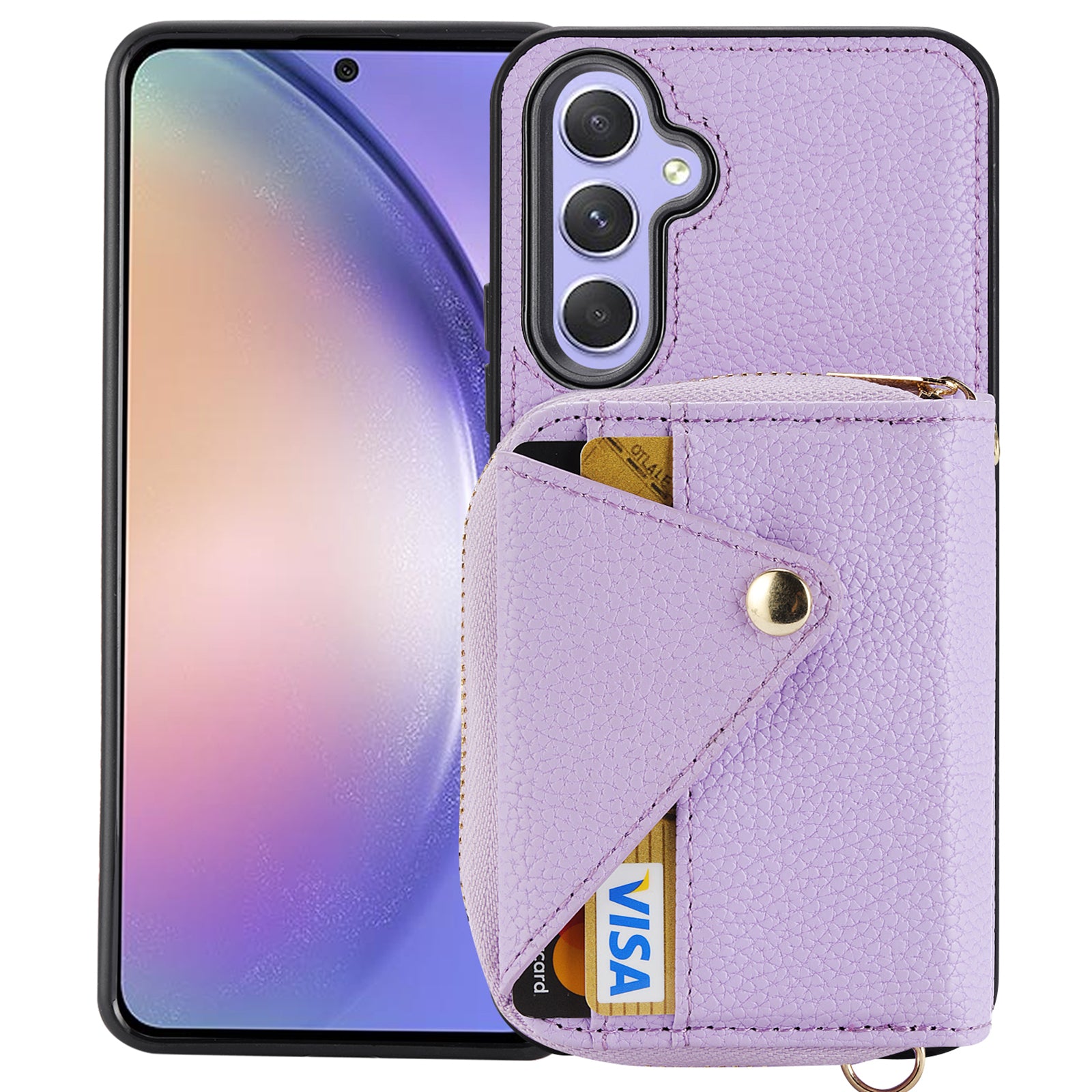 For Samsung Galaxy S23 FE Case Zipper Wallet Leather+TPU Phone Cover with Crossbody Strap