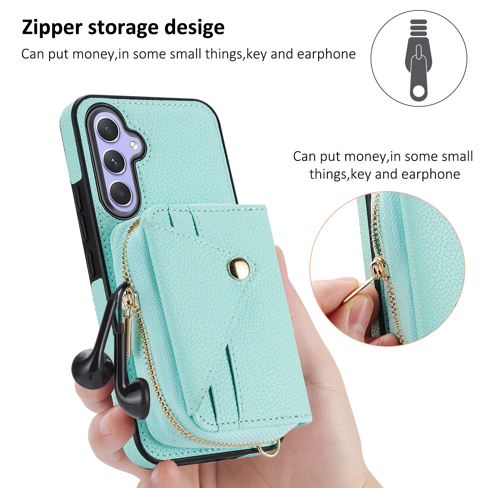 For Samsung Galaxy A34 5G Case Zipper Wallet Leather RFID Blocking Phone Cover with Crossbody Strap