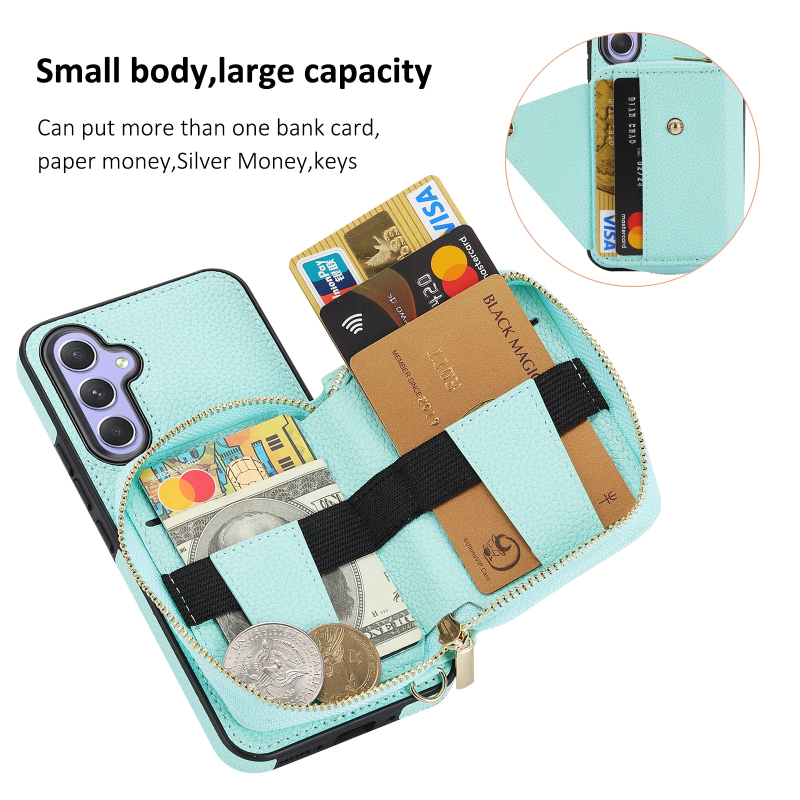 For Samsung Galaxy A34 5G Case Zipper Wallet Leather RFID Blocking Phone Cover with Crossbody Strap