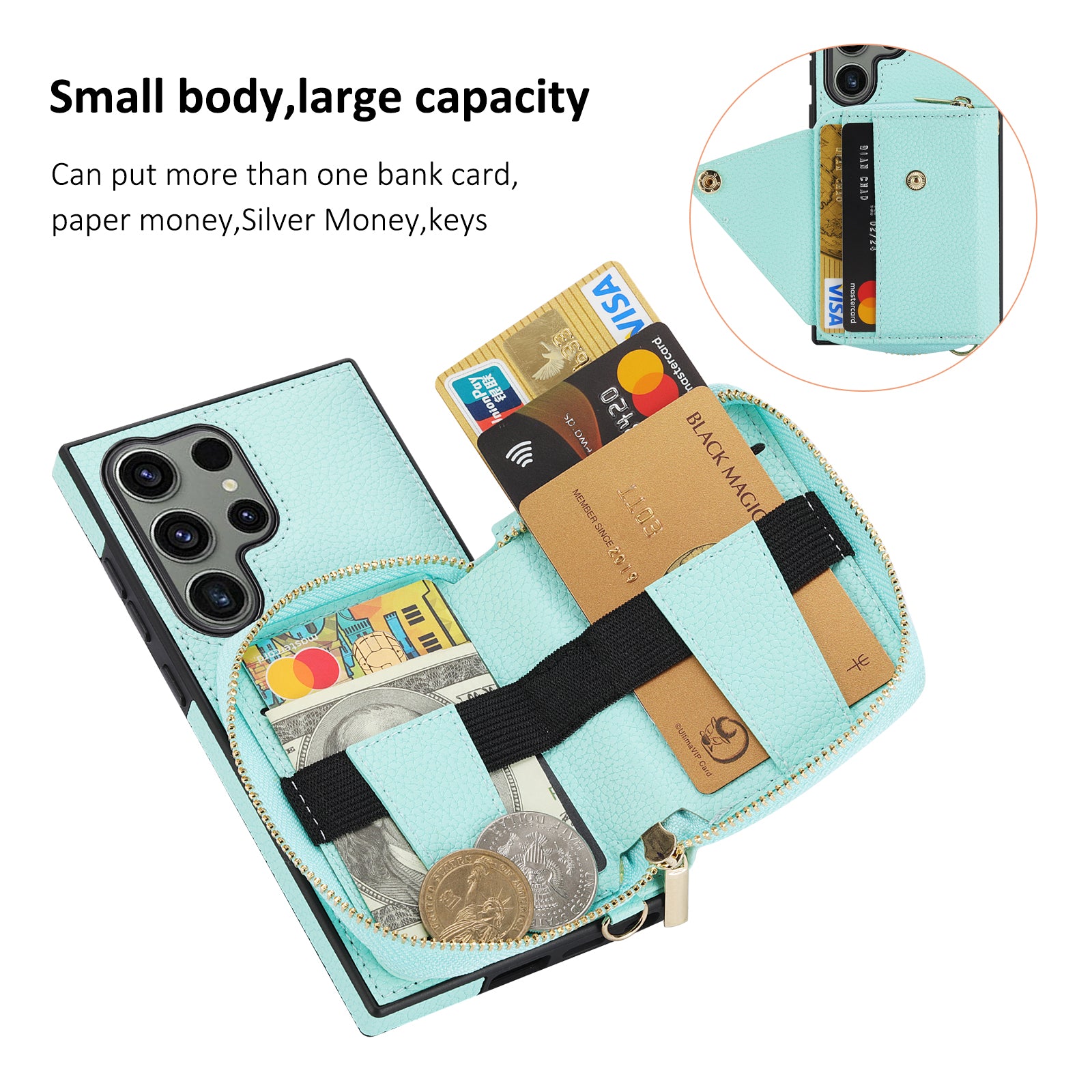 For Samsung Galaxy S24 Ultra Case RFID Blocking Zipper Wallet Back Shell with Crossbody Strap