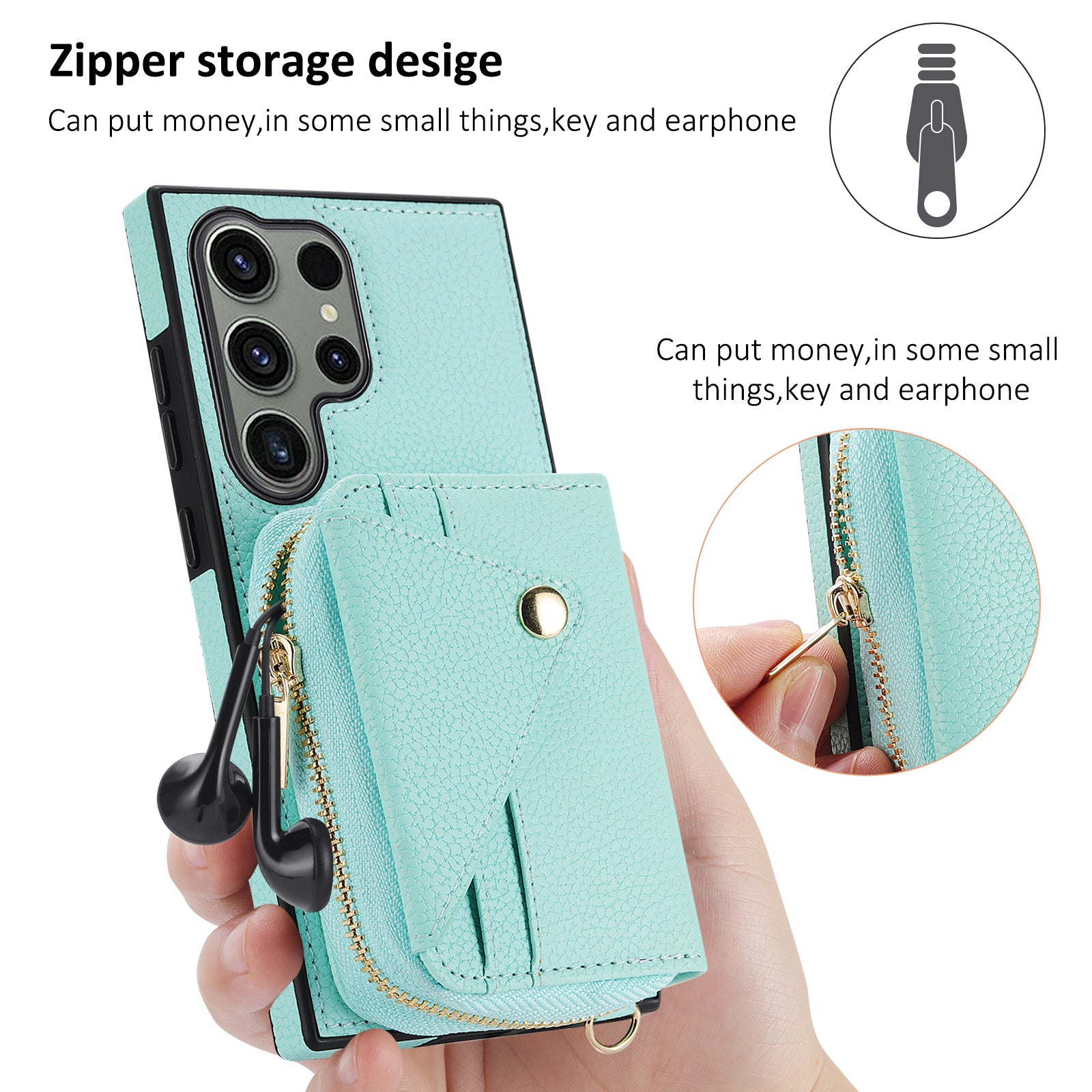 For Samsung Galaxy S24 Ultra Case RFID Blocking Zipper Wallet Back Shell with Crossbody Strap