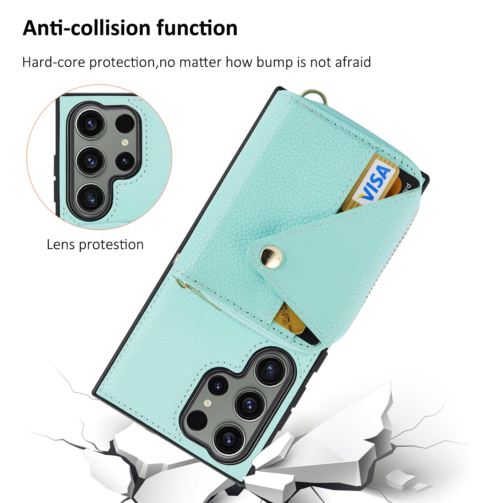 For Samsung Galaxy S24 Ultra Case RFID Blocking Zipper Wallet Back Shell with Crossbody Strap