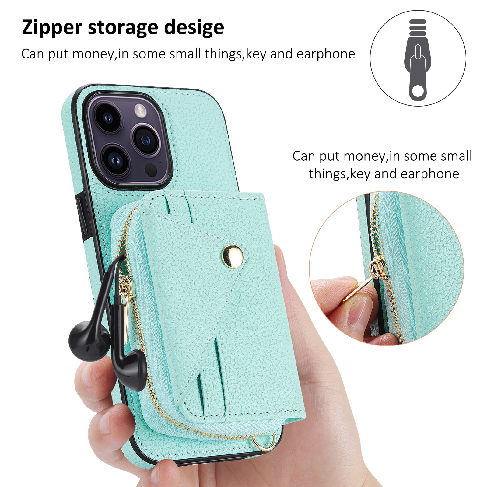 For iPhone 14 Pro Max Case RFID Blocking Zipper Wallet Anti-drop Phone Guard Cover