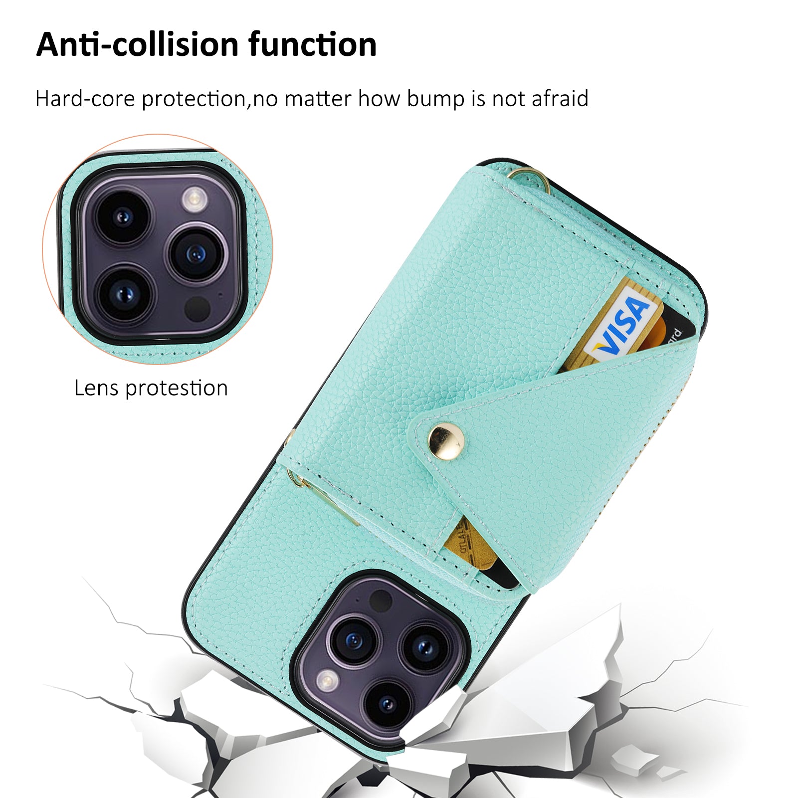For iPhone 14 Pro Max Case RFID Blocking Zipper Wallet Anti-drop Phone Guard Cover