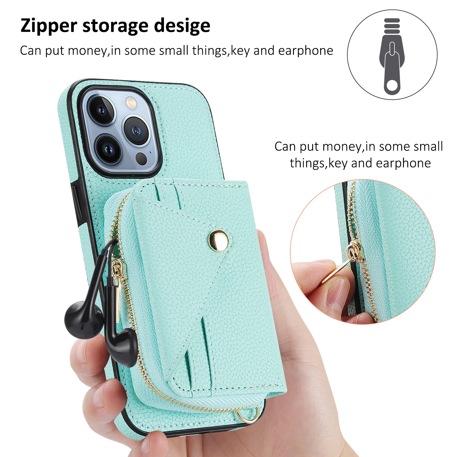 Zipper Wallet Case for iPhone 15 Pro Shell RFID Blocking Card Slots Phone Cover