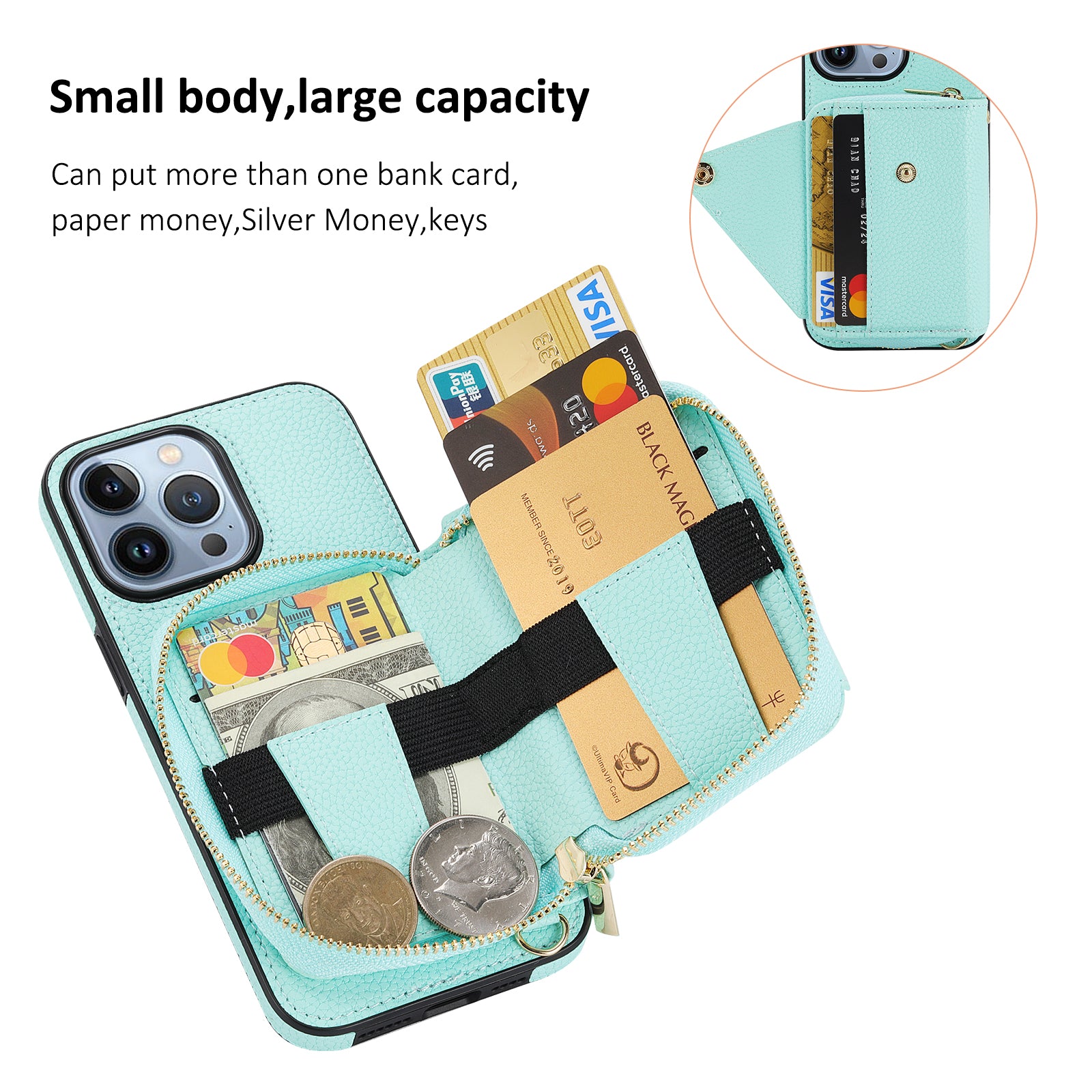 Zipper Wallet Case for iPhone 15 Pro Shell RFID Blocking Card Slots Phone Cover