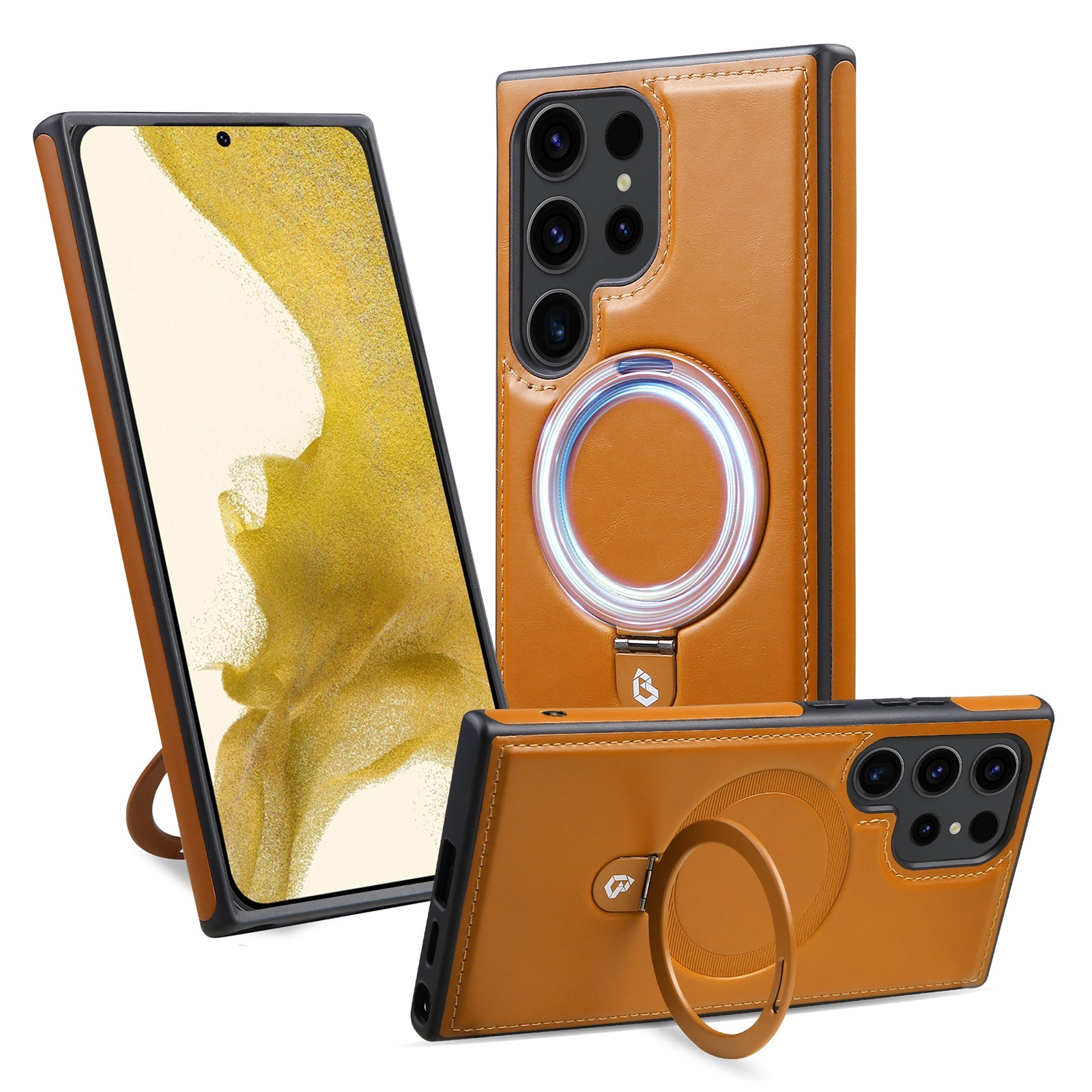 For Samsung Galaxy S24 Ultra Magnetic Case Leather+TPU Ring Kickstand Phone Cover