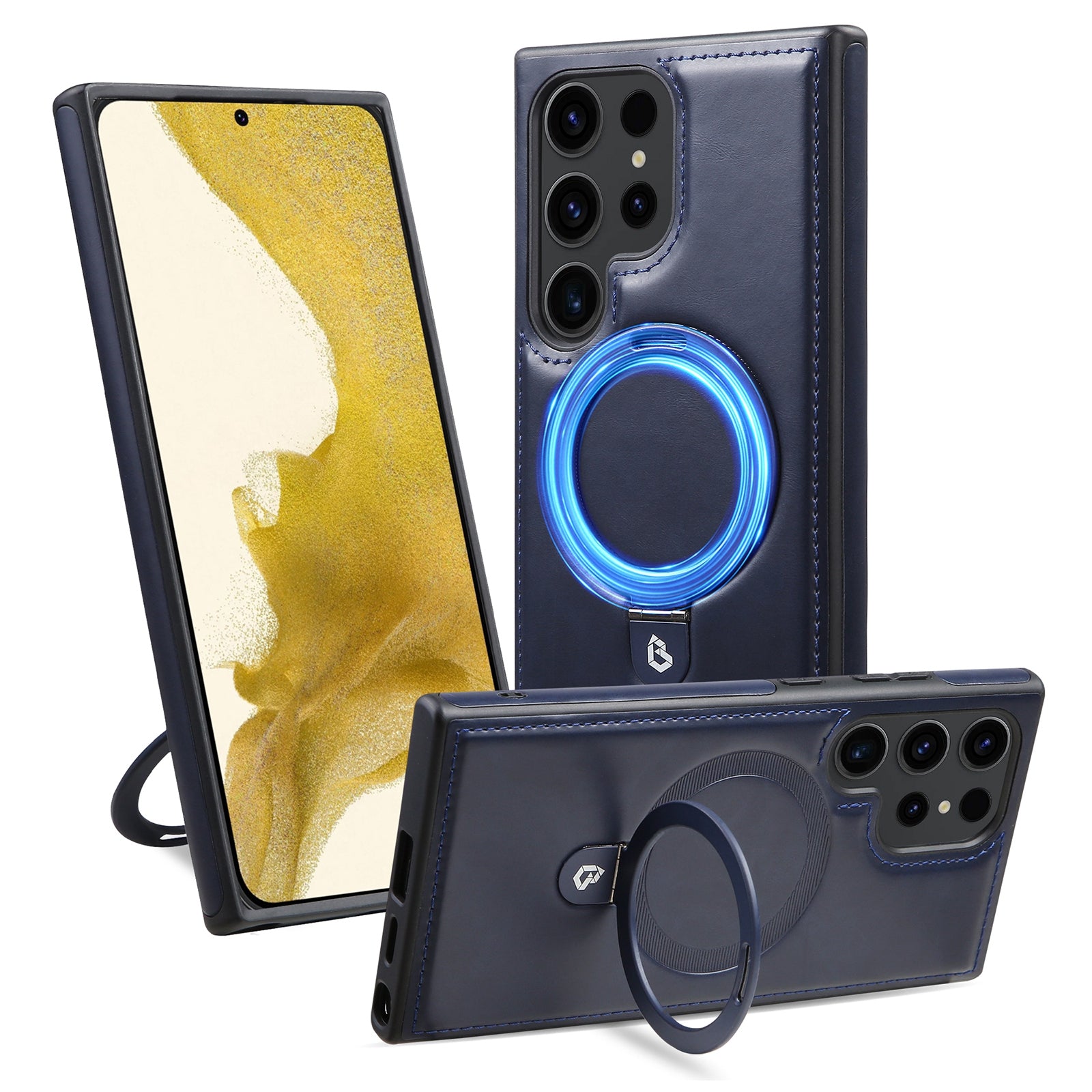 For Samsung Galaxy S24 Ultra Magnetic Case Leather+TPU Ring Kickstand Phone Cover