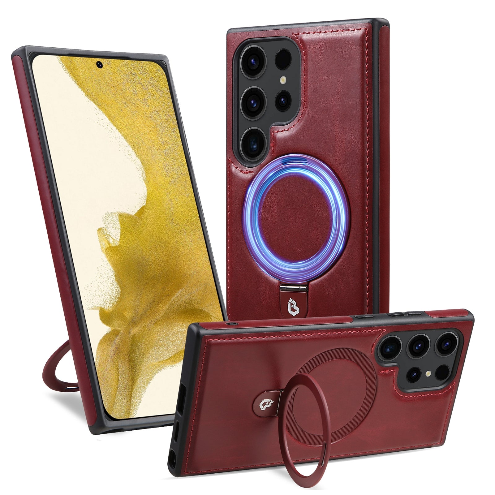 For Samsung Galaxy S24 Ultra Magnetic Case Leather+TPU Ring Kickstand Phone Cover