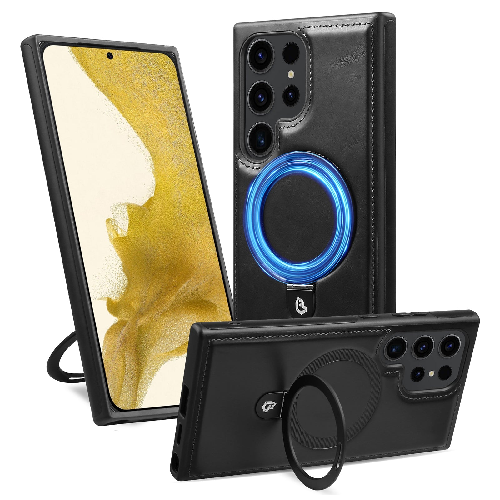 For Samsung Galaxy S24 Ultra Magnetic Case Leather+TPU Ring Kickstand Phone Cover