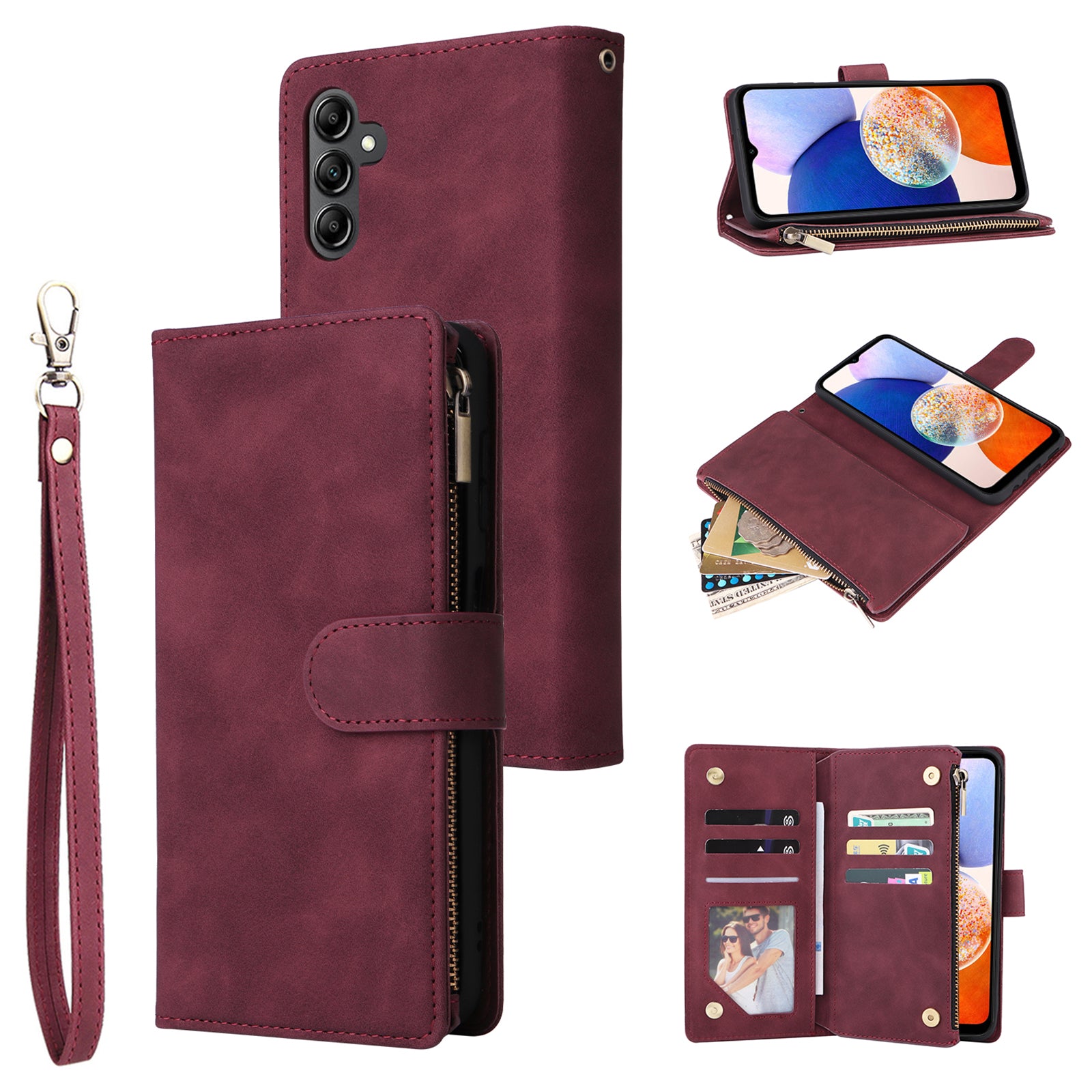 For Samsung Galaxy A05s 4G Case Zipper Phone Leather Cover with Multiple Card Slots