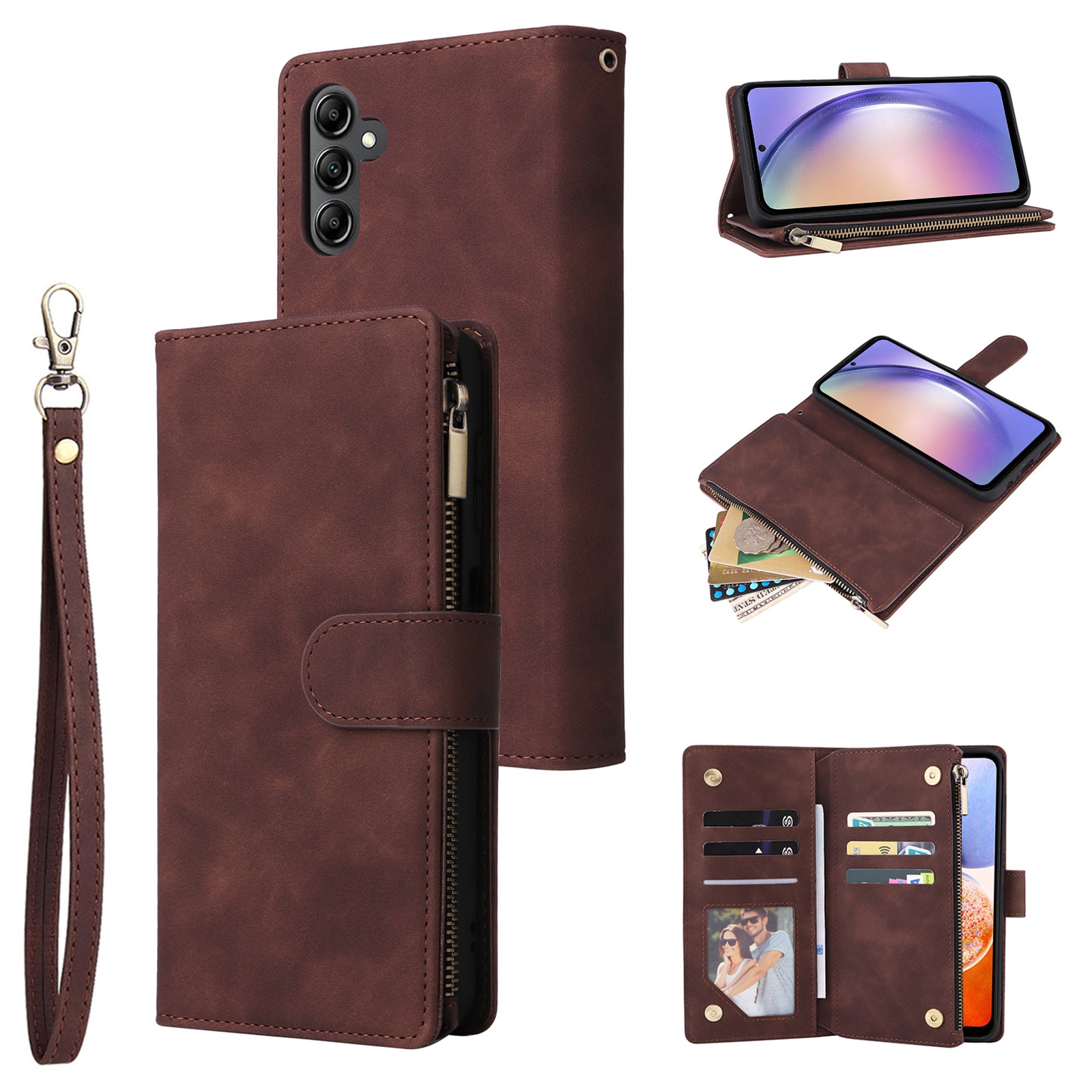 For Samsung Galaxy A54 5G Case Multiple Card Slots PU Leather Zipper Phone Cover