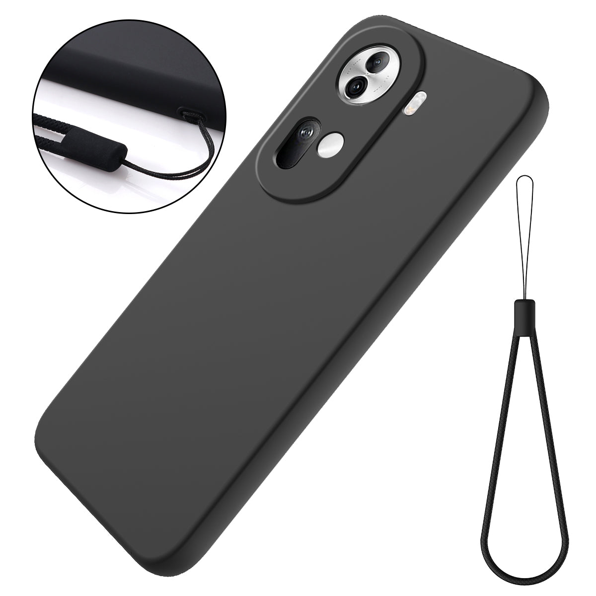 For Oppo Reno11 5G (Global) Liquid Silicone Case Fiber Lining Phone Cover with Strap