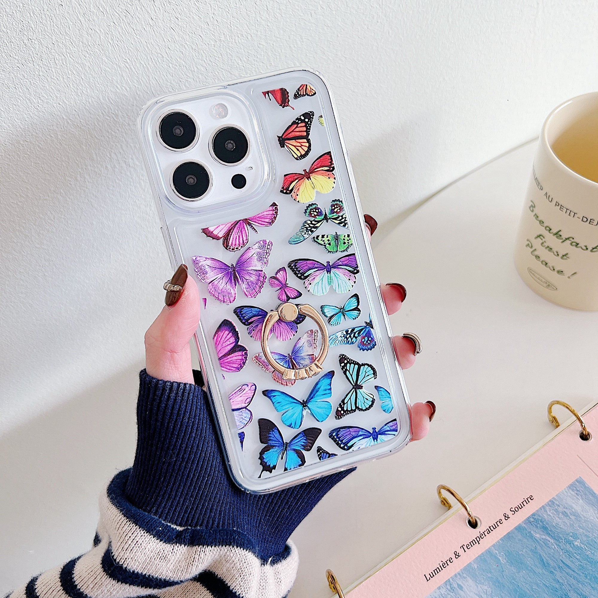 For iPhone 15 Pro Max Phone Case Butterfly Pattern TPU Airbag Cover with Kickstand
