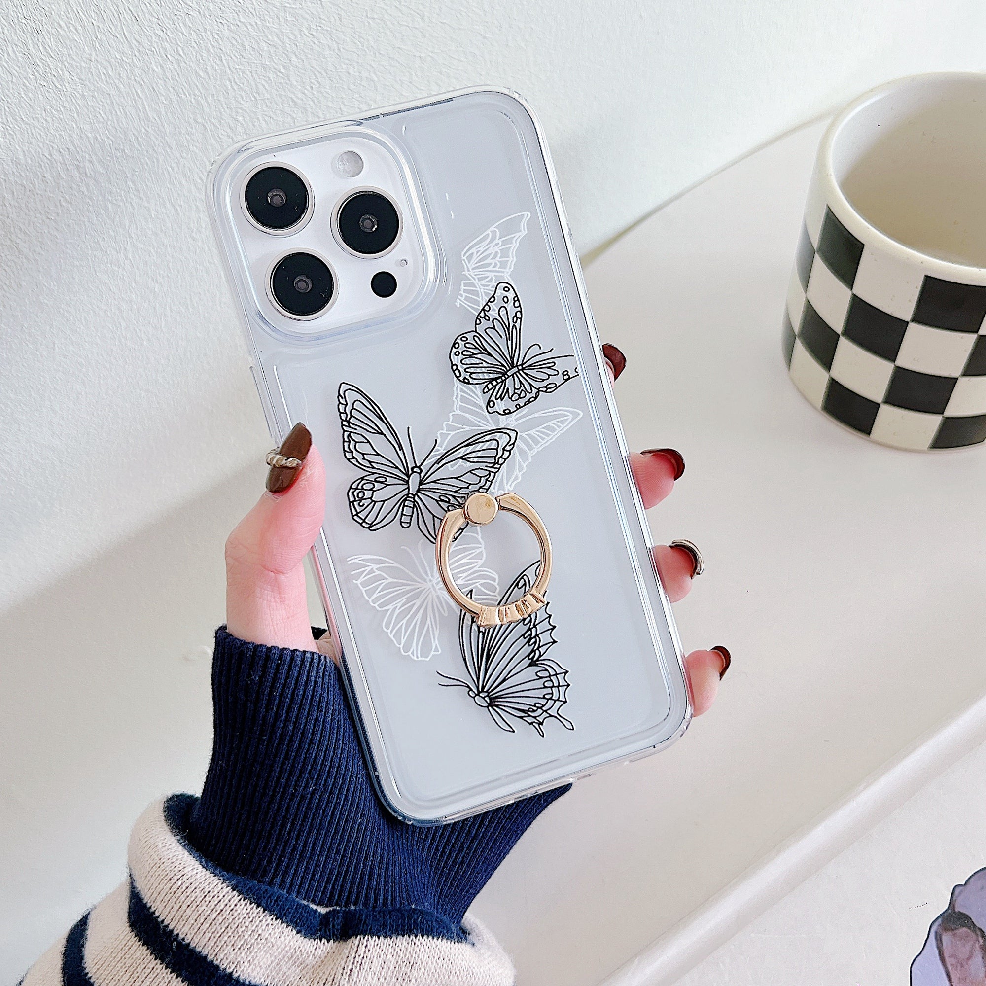 For iPhone 15 Pro Max Phone Case Butterfly Pattern TPU Airbag Cover with Kickstand