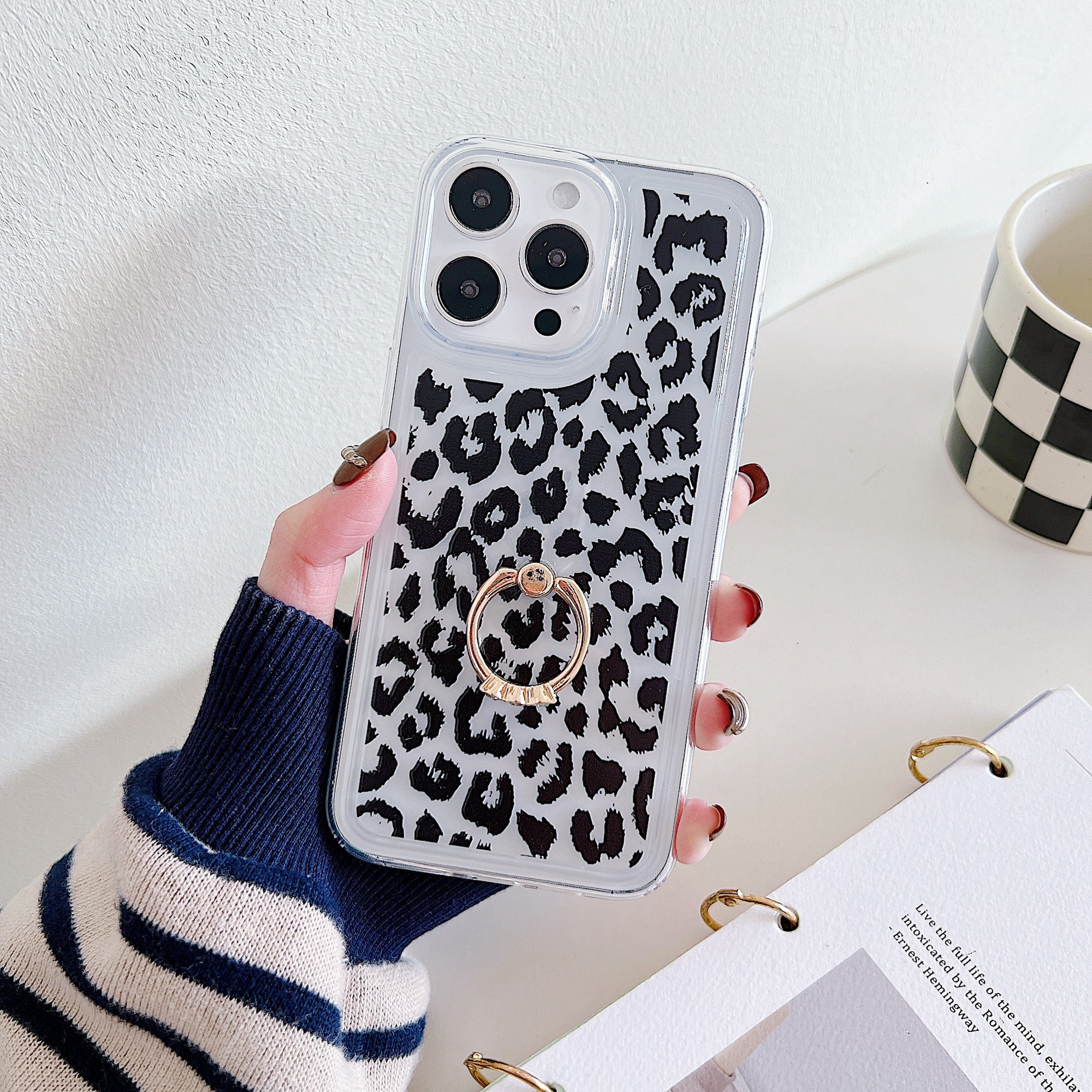 For iPhone 15 Pro Case Pattern TPU Airbag Phone Cover Ring Holder Kickstand