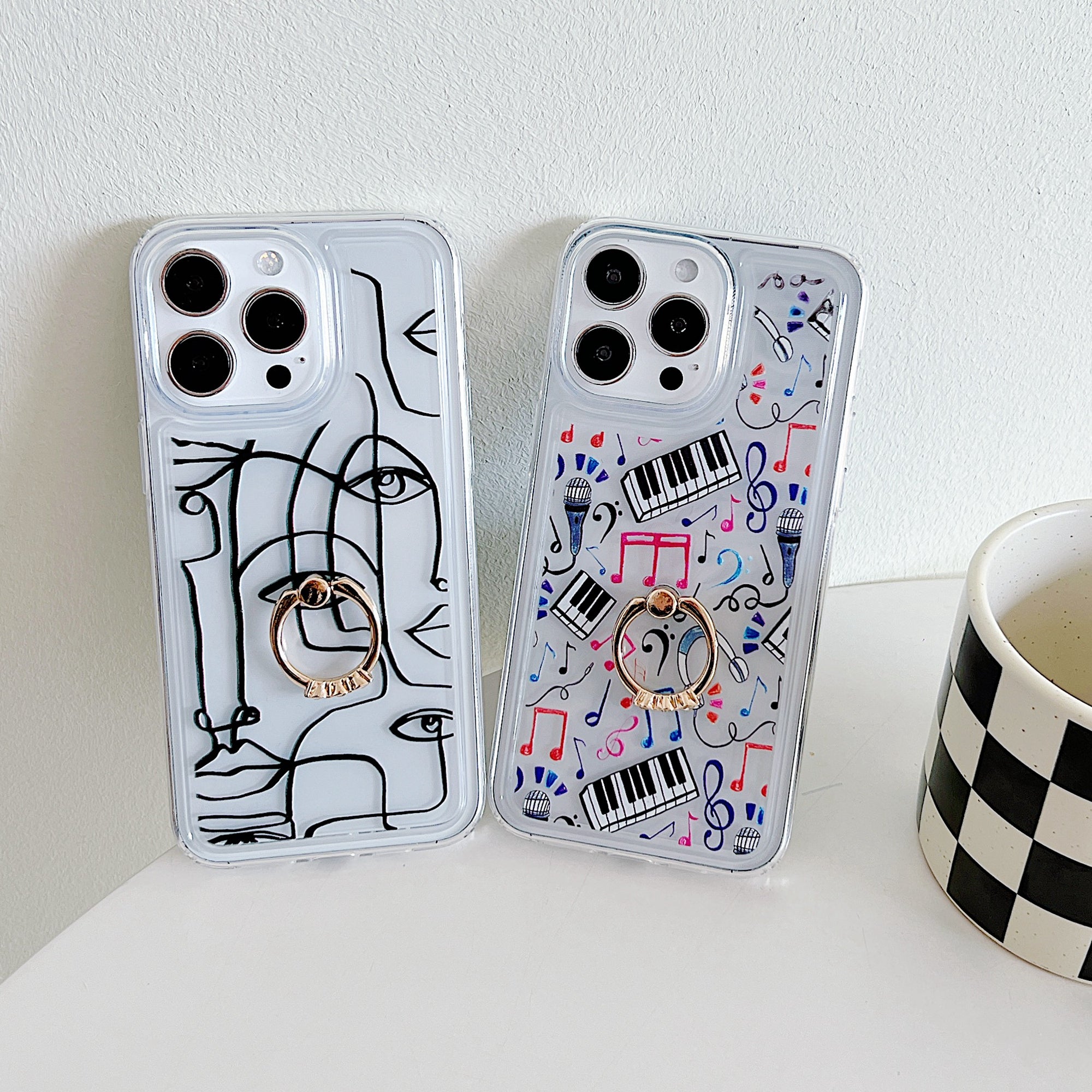 For iPhone 15 Pro Case Pattern TPU Airbag Phone Cover Ring Holder Kickstand