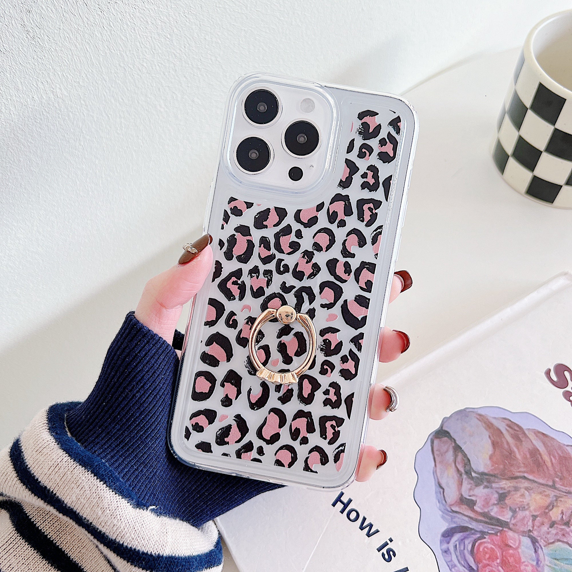 For iPhone 15 Pro Case Pattern TPU Airbag Phone Cover Ring Holder Kickstand