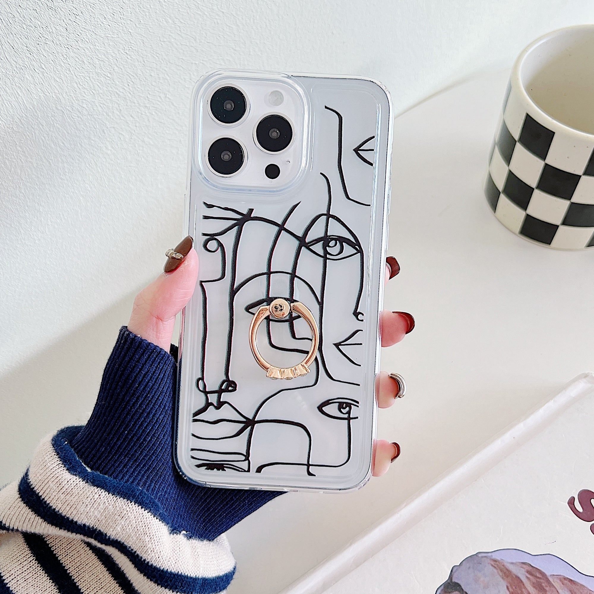 For iPhone 15 Pro Case Pattern TPU Airbag Phone Cover Ring Holder Kickstand
