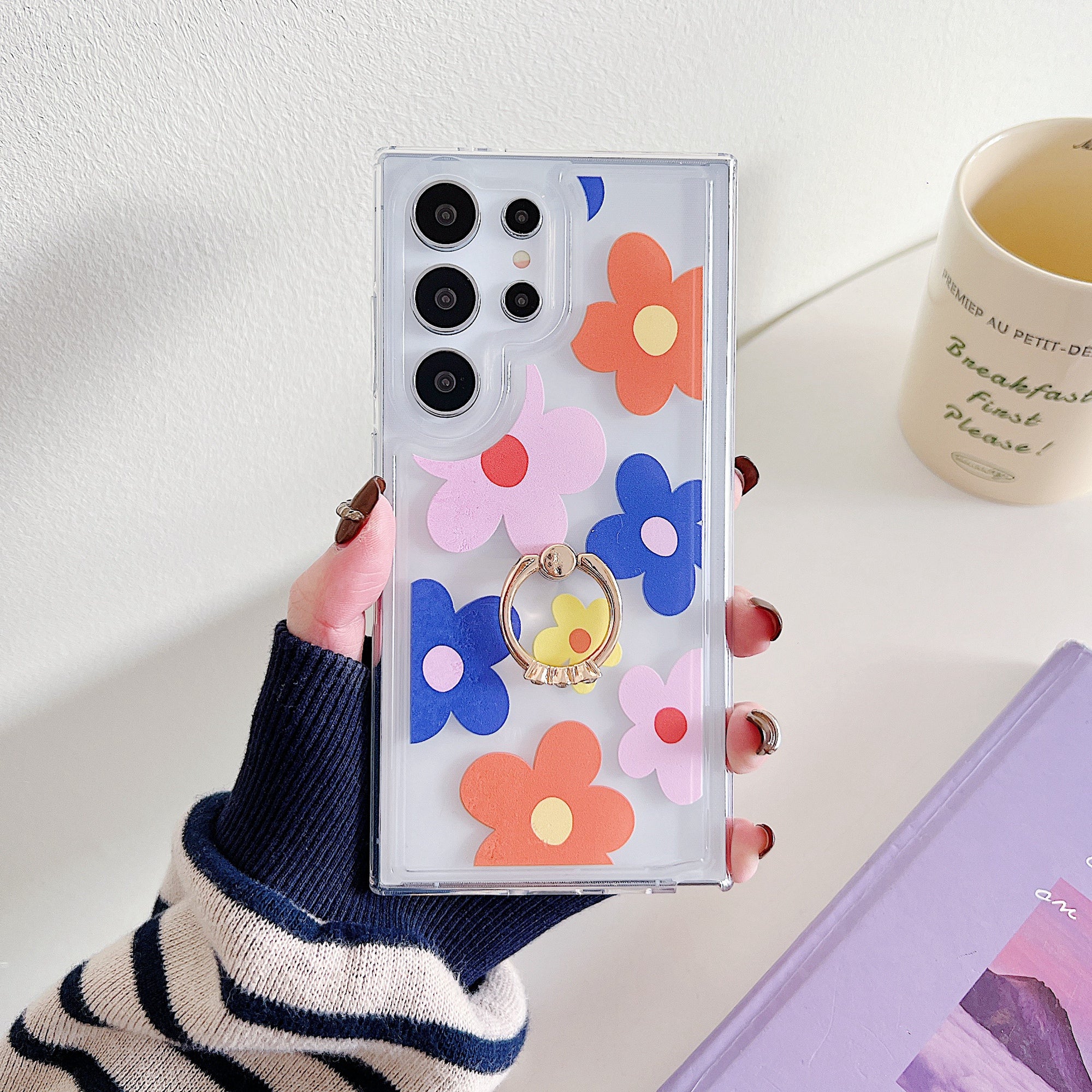For Samsung Galaxy S23 Ultra Case Floral Pattern TPU Phone Cover Rotating Ring Holder