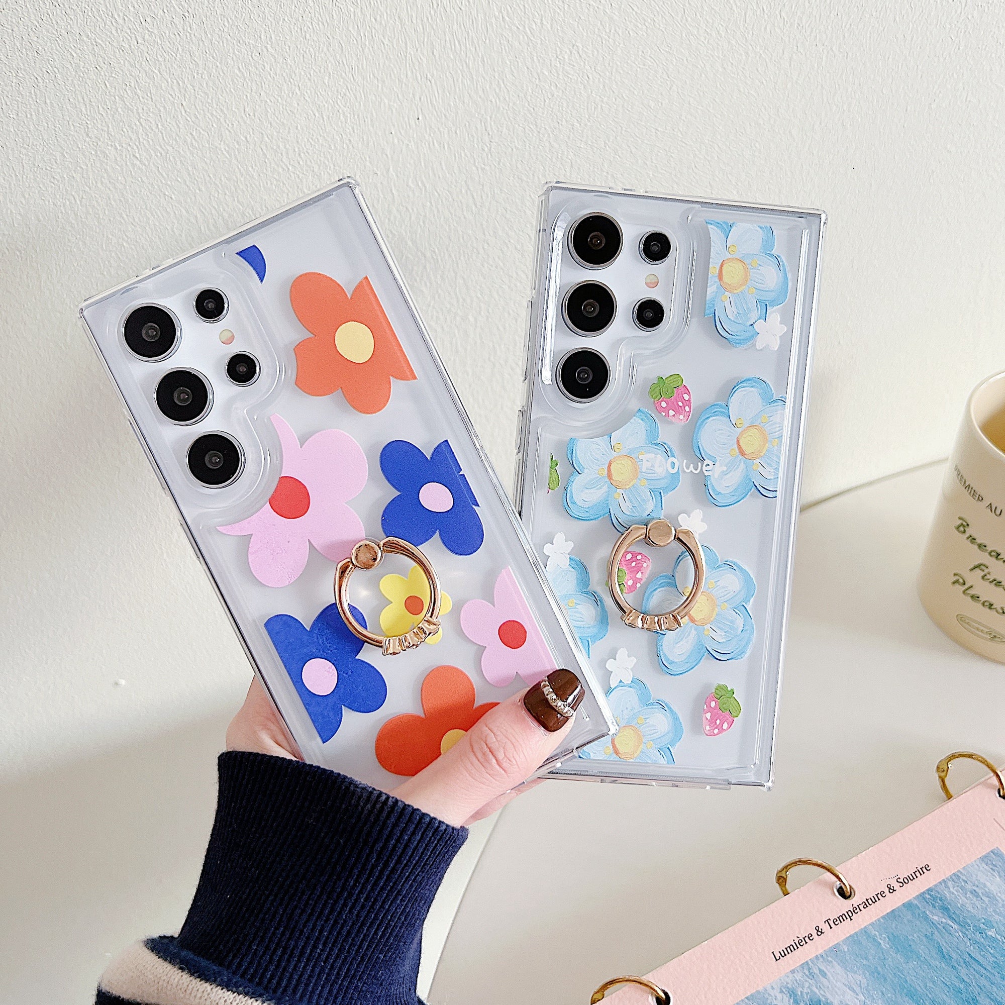For Samsung Galaxy S23 Ultra Case Floral Pattern TPU Phone Cover Rotating Ring Holder