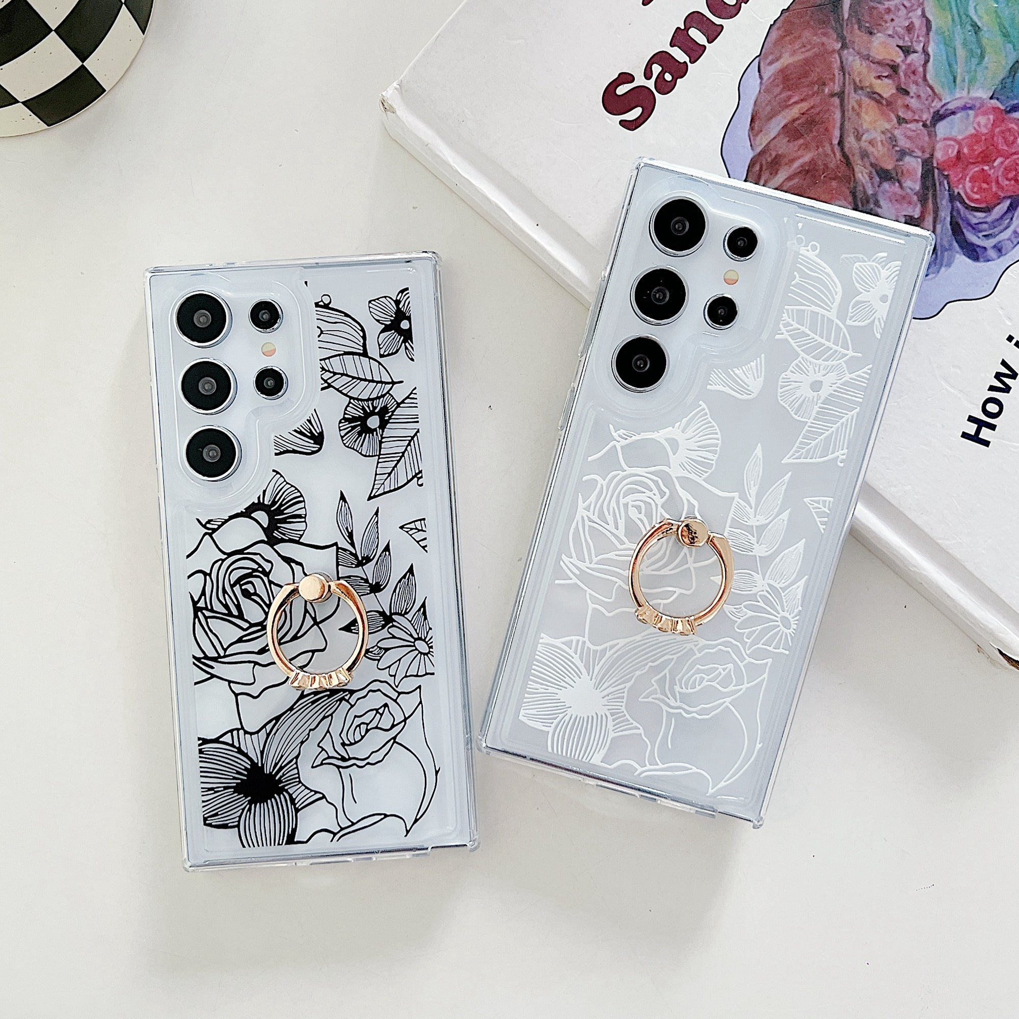 For Samsung Galaxy S23 Ultra Case Floral Pattern TPU Phone Cover Rotating Ring Holder