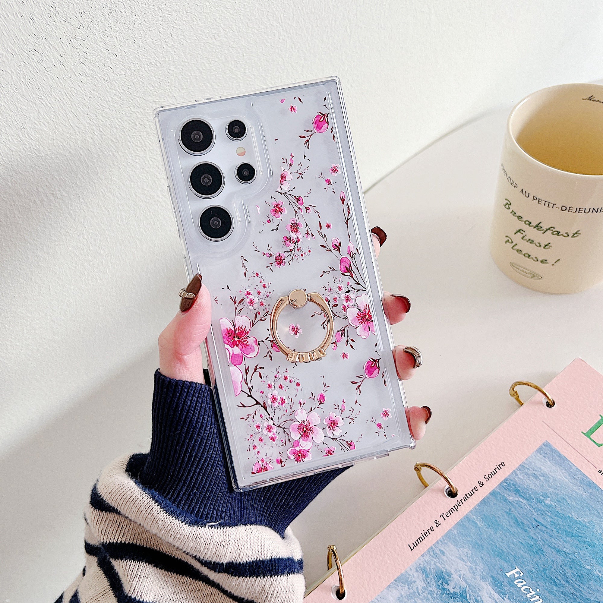 For Samsung Galaxy S23 Ultra Case Floral Pattern TPU Phone Cover Rotating Ring Holder