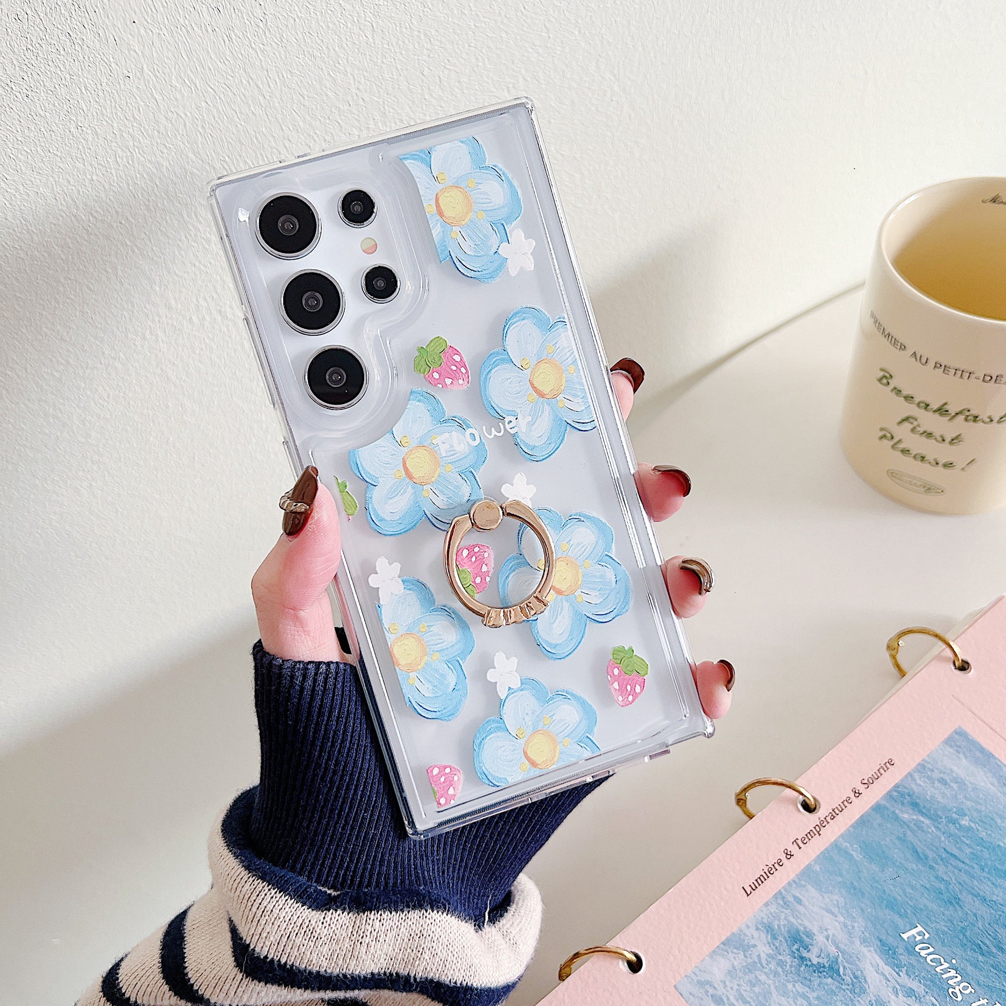 For Samsung Galaxy S23 Ultra Case Floral Pattern TPU Phone Cover Rotating Ring Holder