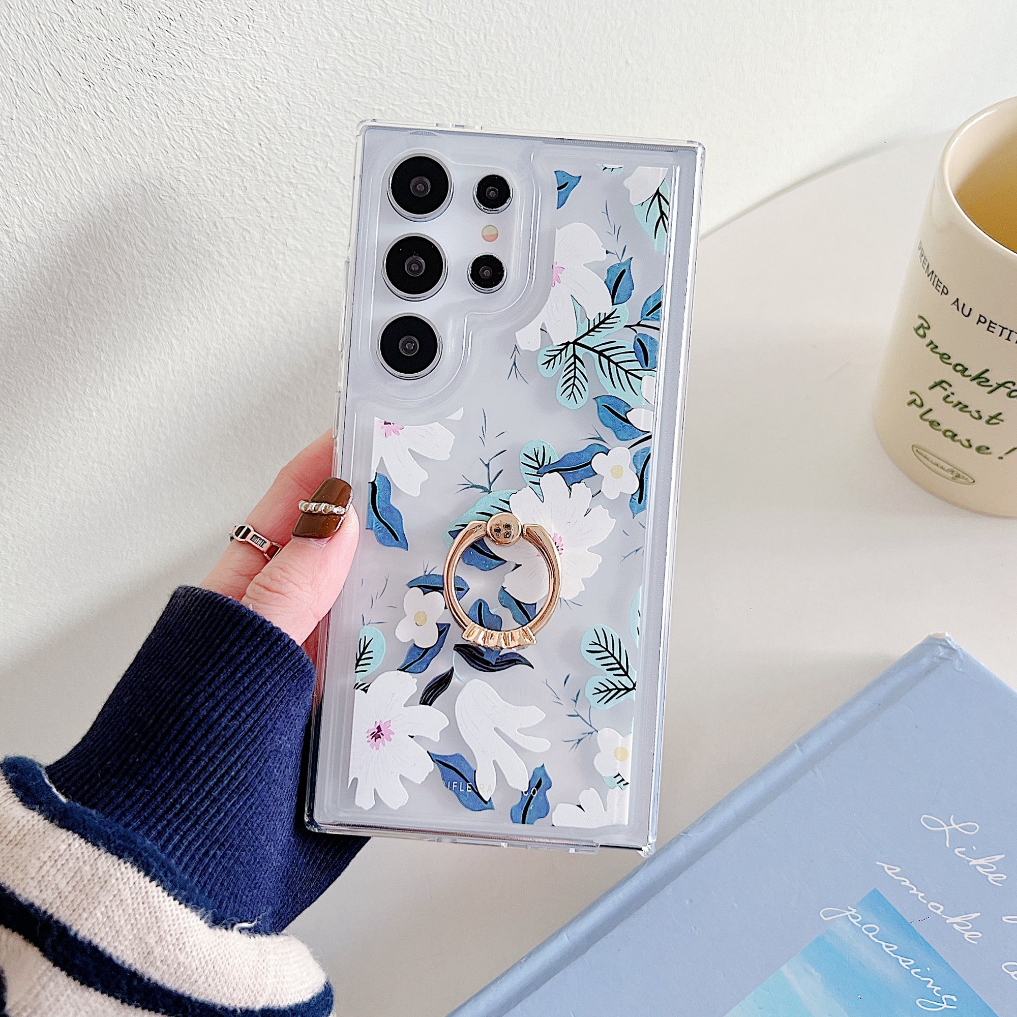 For Samsung Galaxy S23 Ultra Case Floral Pattern TPU Phone Cover Rotating Ring Holder