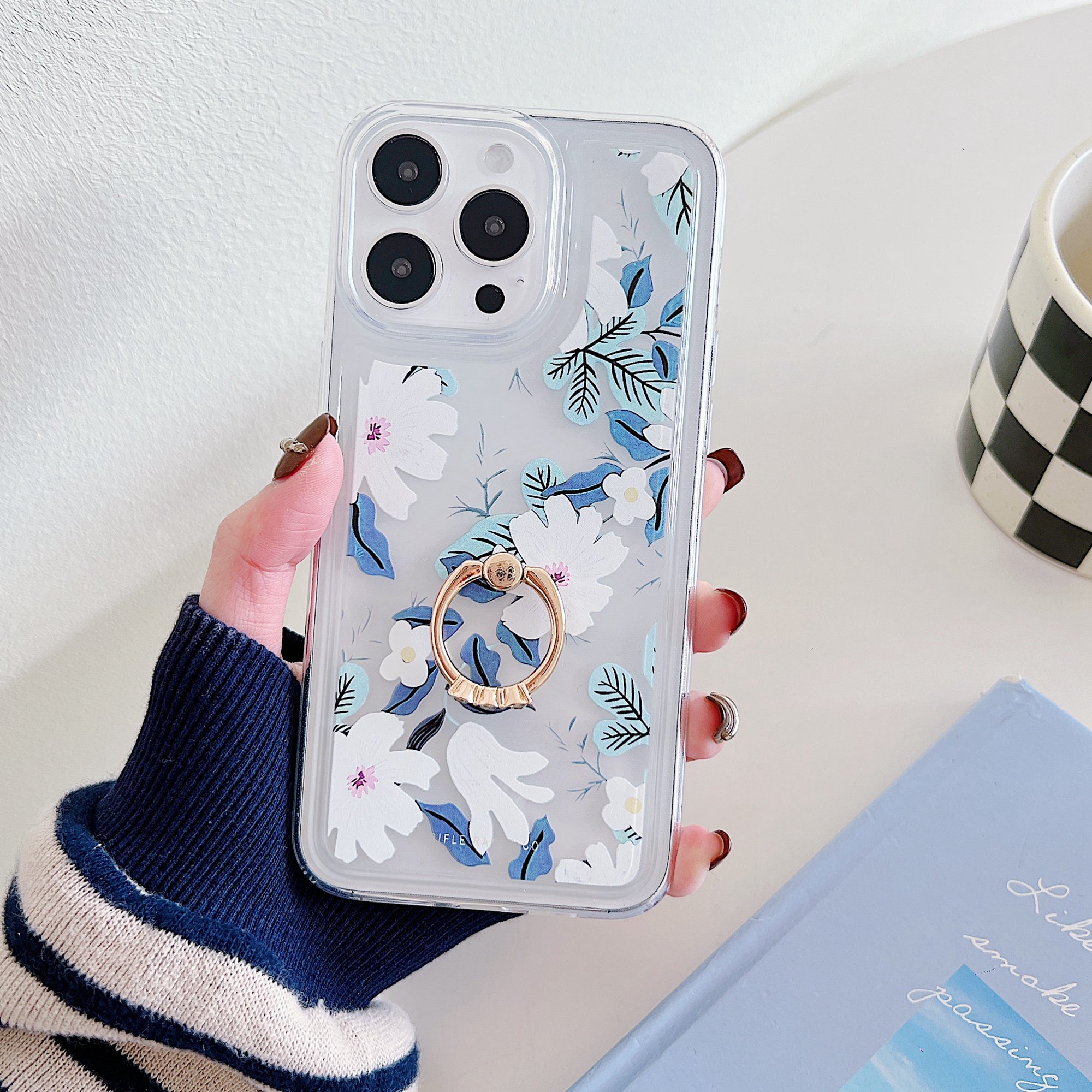 For iPhone 15 Pro Floral Case Airbag Design TPU Kickstand Phone Cover